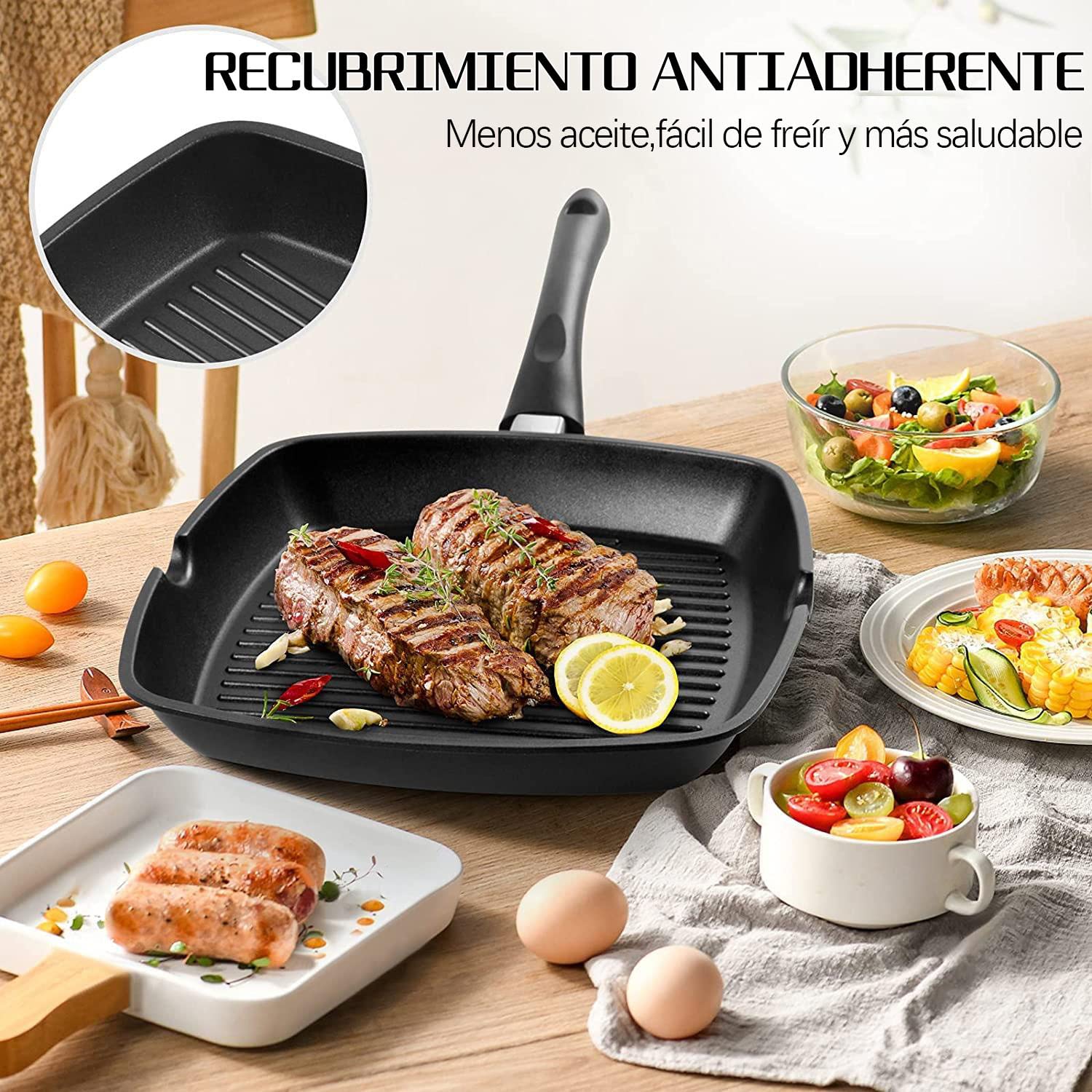 Sartén Parrilla 28cm,Grill Asador con Rayas,Sartén Grill Cuadrada Plancha de Aluminio Fundido con Antiadherente,Apto para Todo Tipo de Cocinas Incluido Inducción, Libre de PFOA