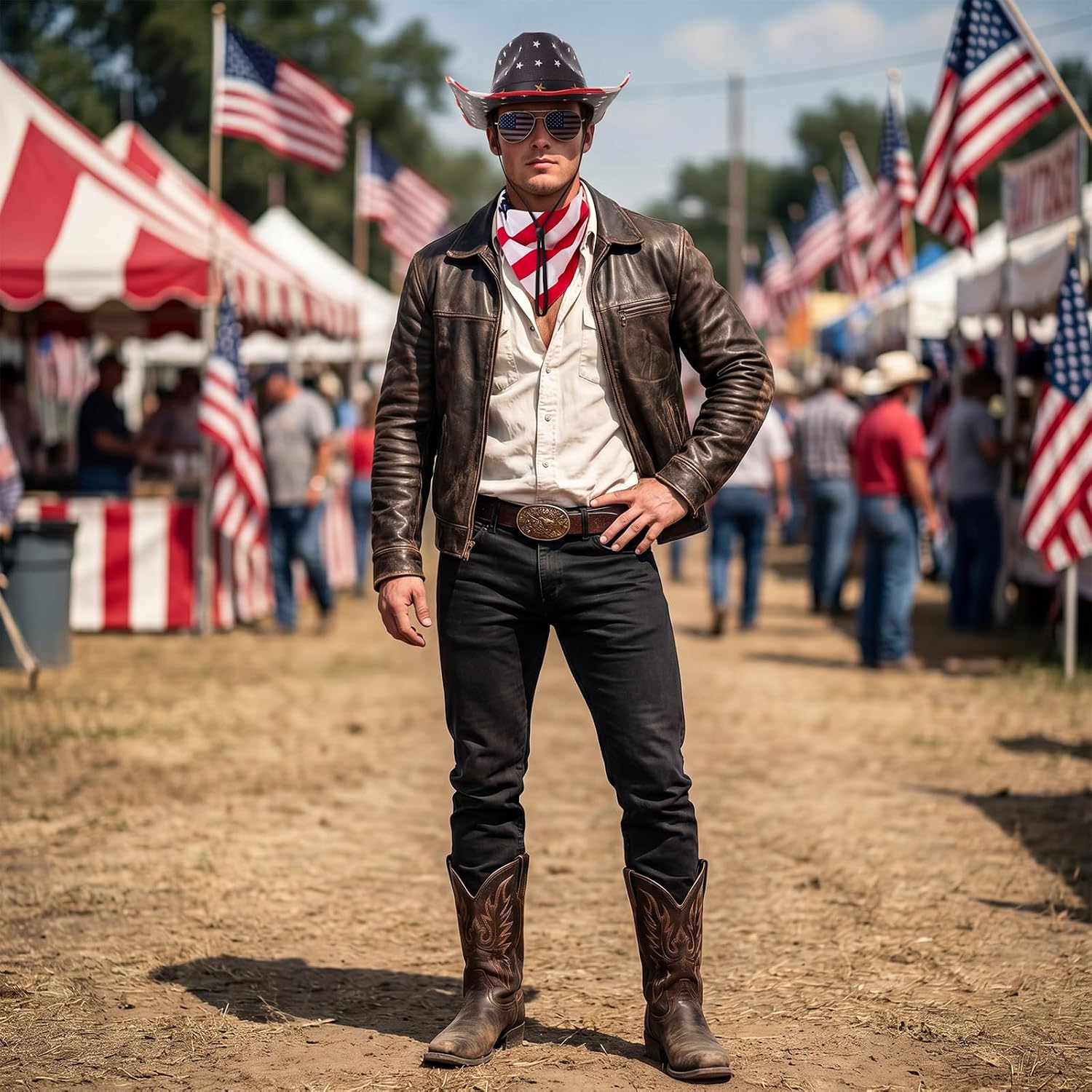 3 Pcs American Flag Cowboy Hat with Bandana and Glasses Cowboy Hat with Strap Halloween Cosplay Costumes for Masquerade