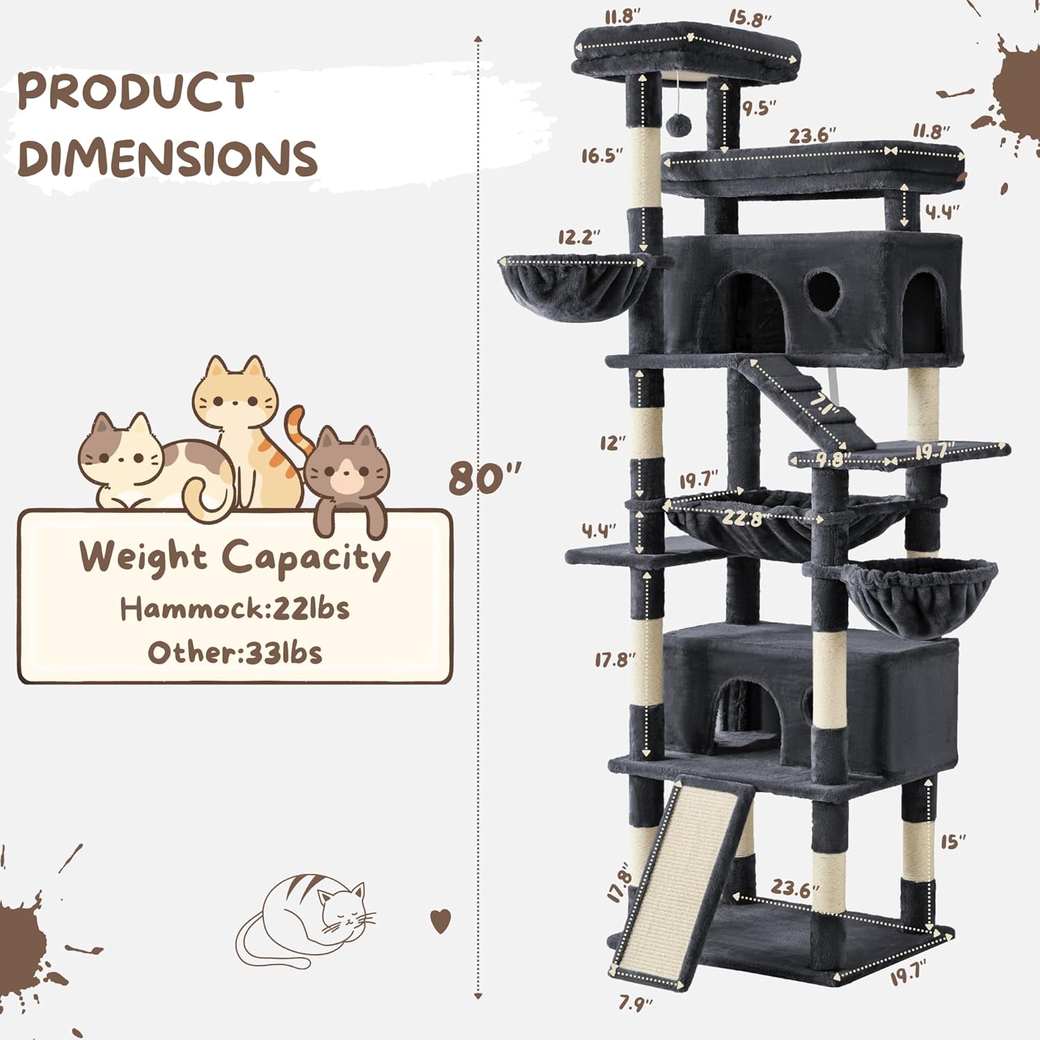 80 Inch Cat Tree, Large Cat Tower with 9 Scratching Posts, 2 Perches, 2 Caves, 2 Basket, 2 Stairs, Extra Large Hammock, Multi-Level Plush Cat Condo for Indoor Cats/Smoky Grey