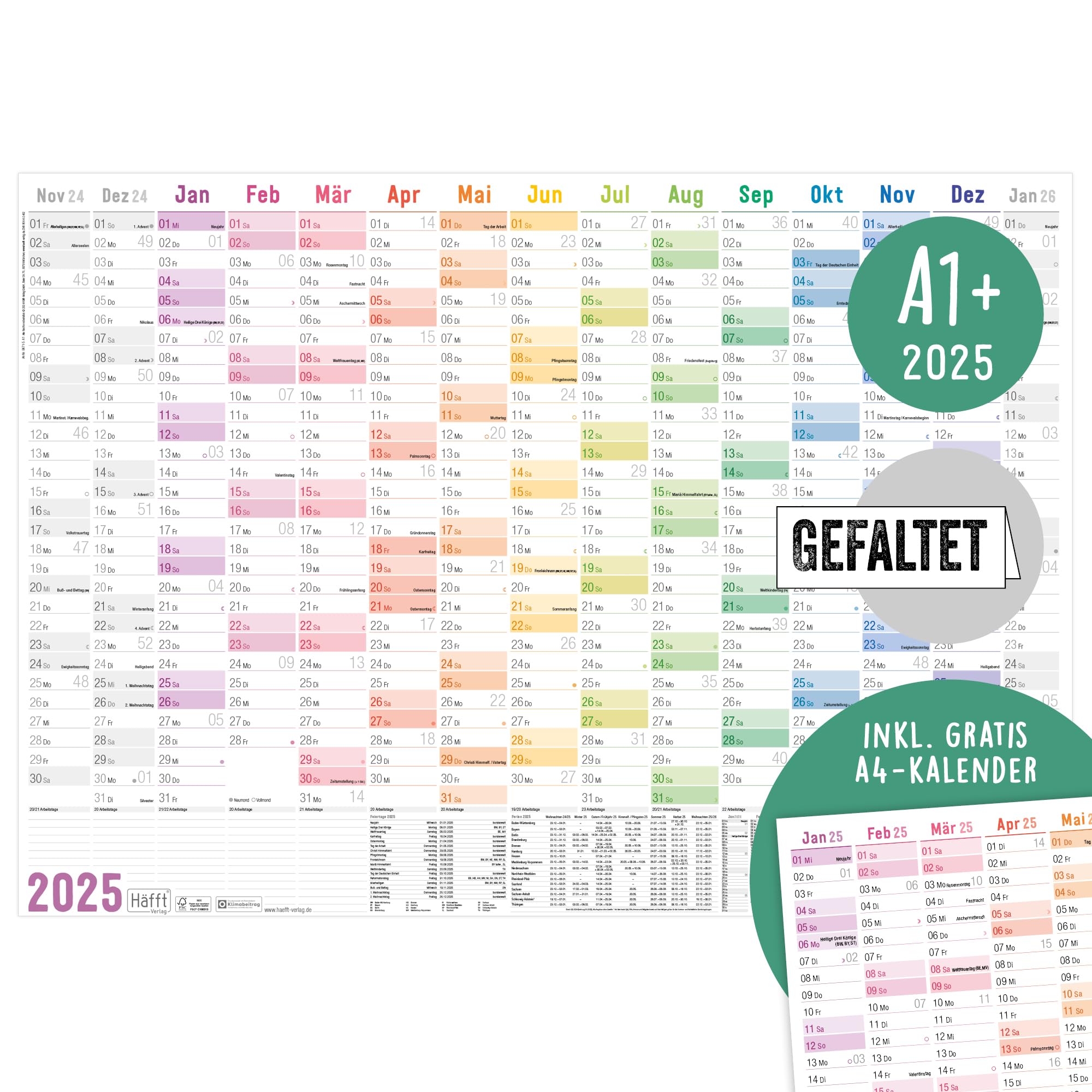 Häfft® wandkalender 2025 A3 in het Frans (42 x 29,7 cm) gevouwen Rainbow, wandplanner met Franse feestdagen extra A4 kalender - duurzaam & klimaatvriendelijk