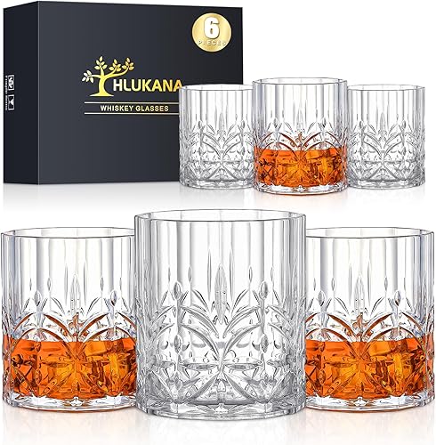 Hlukana Juego de 6 vasos de whisky de plástico Tritan irrompibles, vasos de 14 onzas antiguos para whisky escocés, ron de cóctel, bourbon, licor de