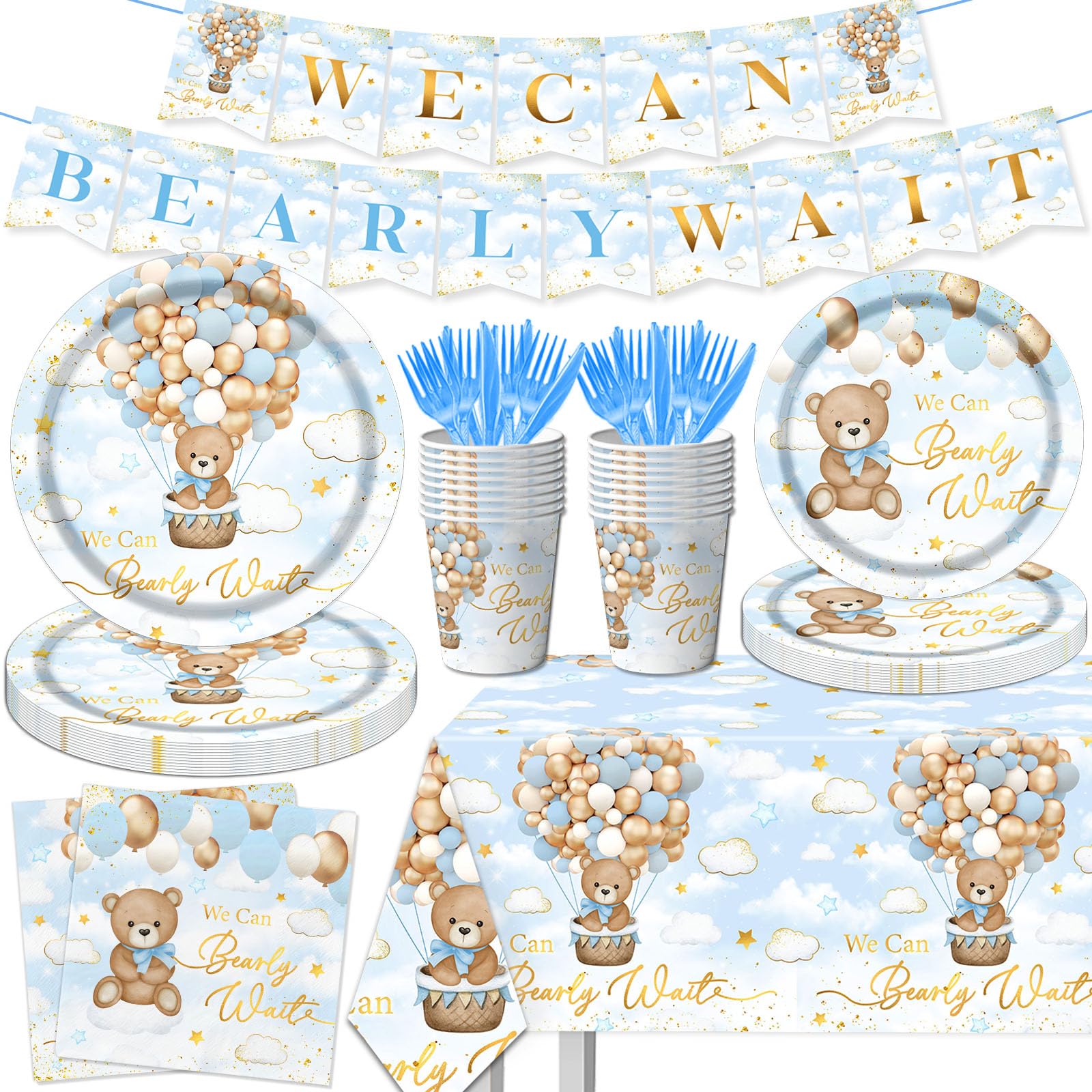 Blue Bear Baby Shower Decorations, 142Pcs Bearly Wait Baby Shower Decorations Tableware Set Includes Plates,Napkins,Cups,Banner,Tablecloth for Boy
