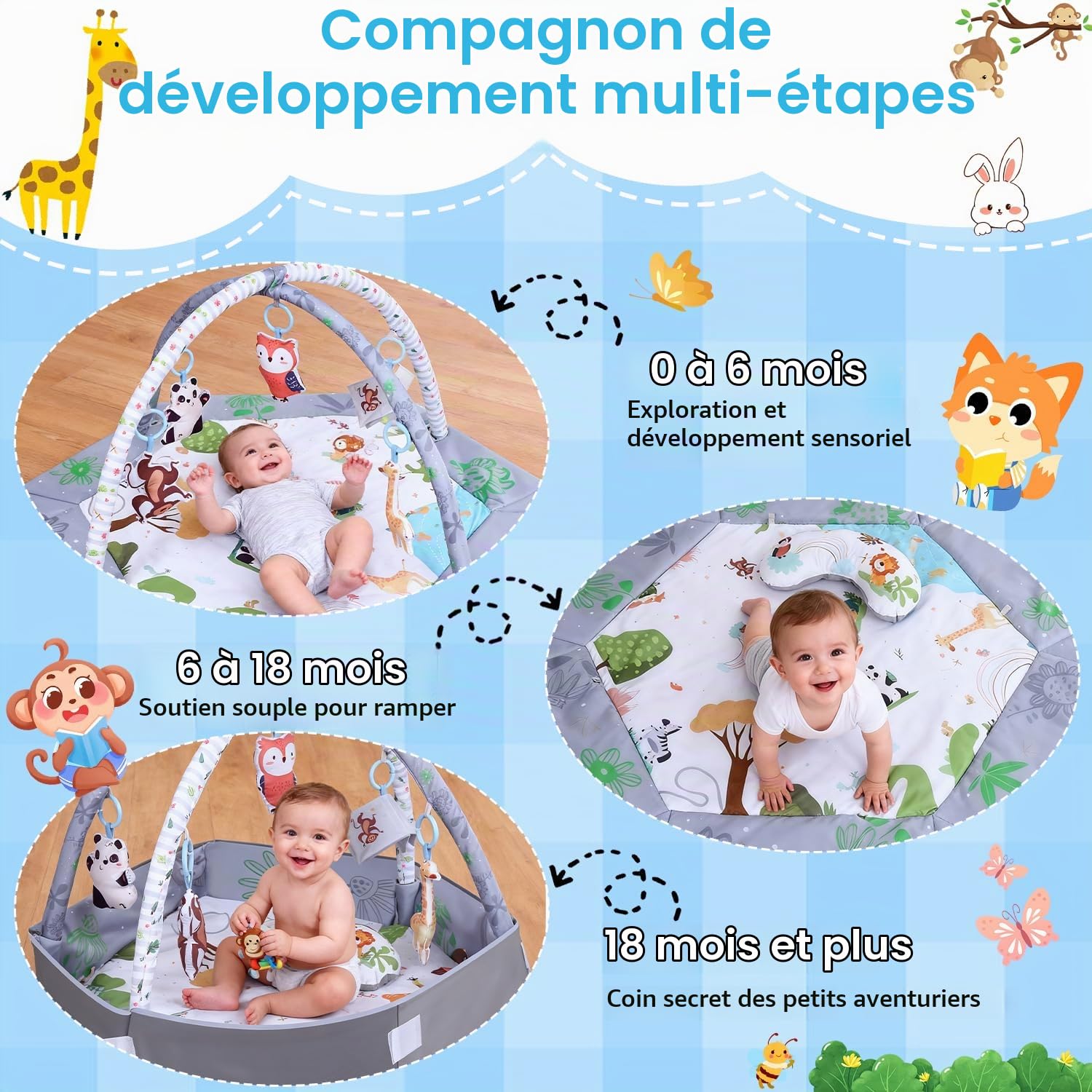 Tapis D'eveil Bebe, Tapis d'activité avec Coussin pour Position Ventrale, 5 Accessoires Sensoriels Amovibles, Lavable et Doux, Tapis DeveIL Bébé Evolutif pour Nouveau-Nés