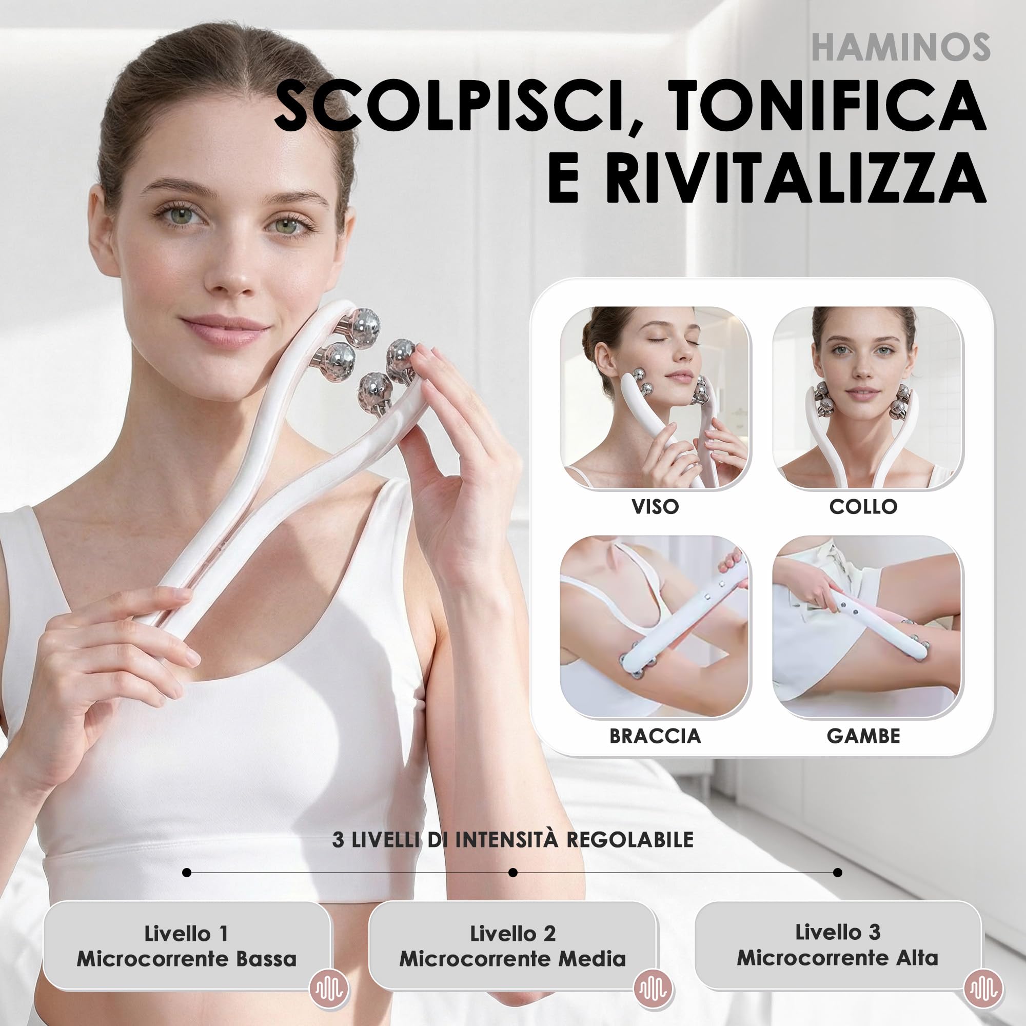 HAMINOS Massaggiatore Viso con Microcorrenti e Roller 3D, 3 Livelli di Intensità, Massaggiatore Viso Elettrico per Lifting, Viso, Collo, Braccia e Gambe, USO OBBLIGATORIO CON IL SIERO