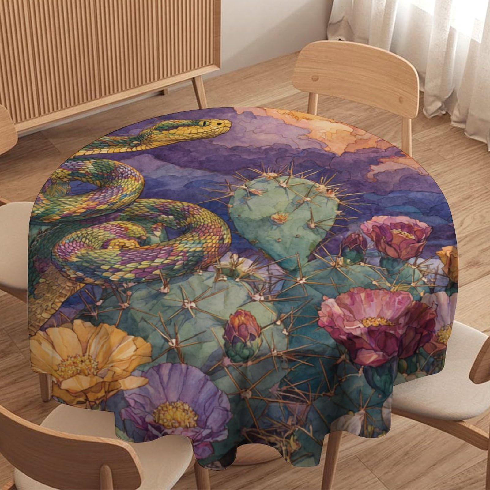 LUYYSKY Retro Rustic Animals Snake Round Tablecloth Classic Western Desert Plants Flowers Cactus Wildlife Snake Washable Decor for Table Cover for Kitchen-91.4" Wx91.4 L cm