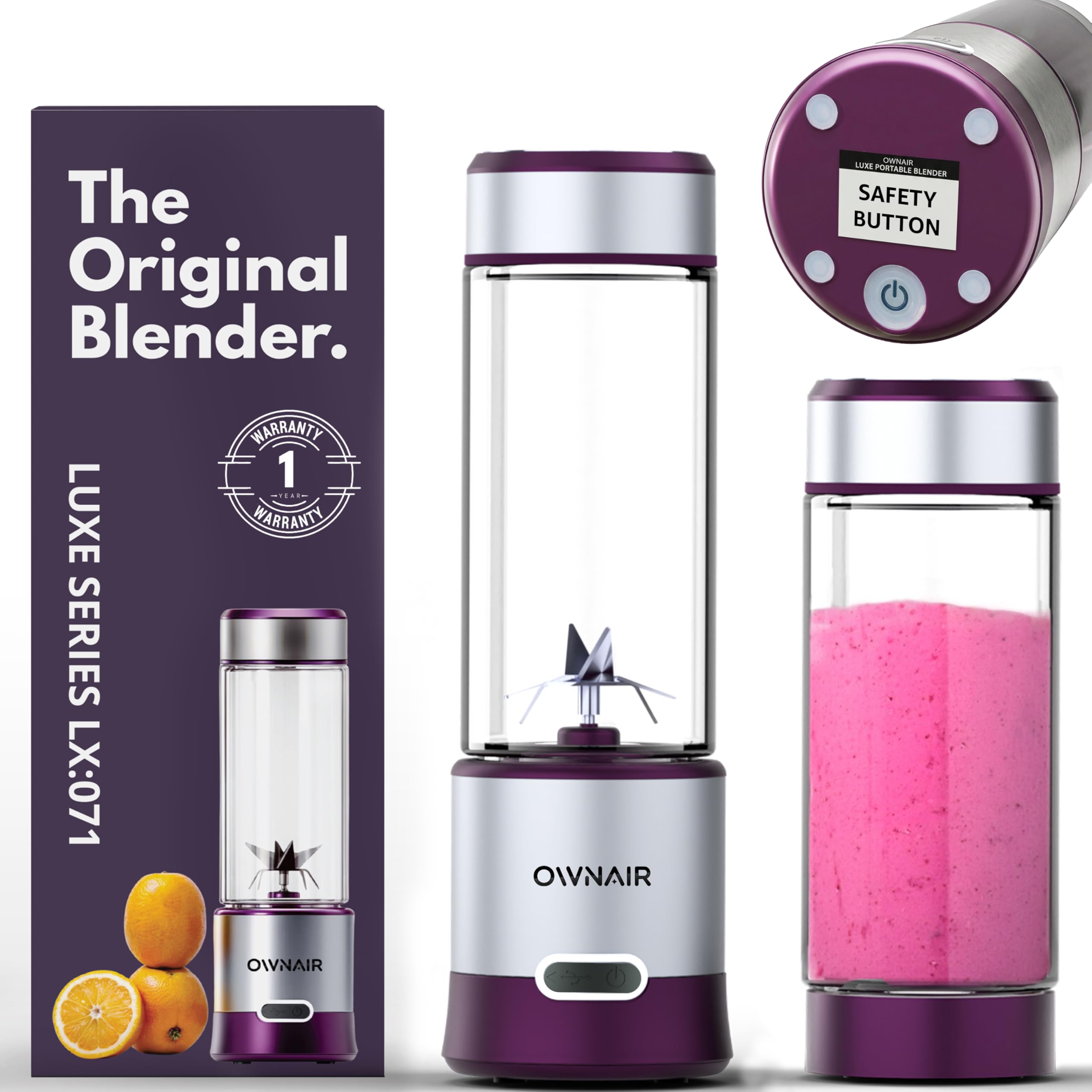 OWNAIR Portable Blender | Smoothie & Juice Maker | 240W Blender Mixer Grinder | 5000mAh Rechargeable Portable Juicer | BPA Free 450ml High Borosilicate Glass Jar | Baby Food & Smoothie Maker