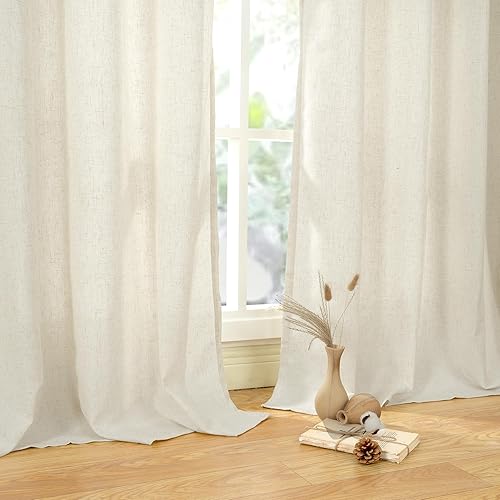 Miniatura 5 de YoungsTex Cortinas de lino natural de 95 pulgadas de largo para sala de estar, filtrante de luz, con ojales, cortinas largas de lino para ventana de