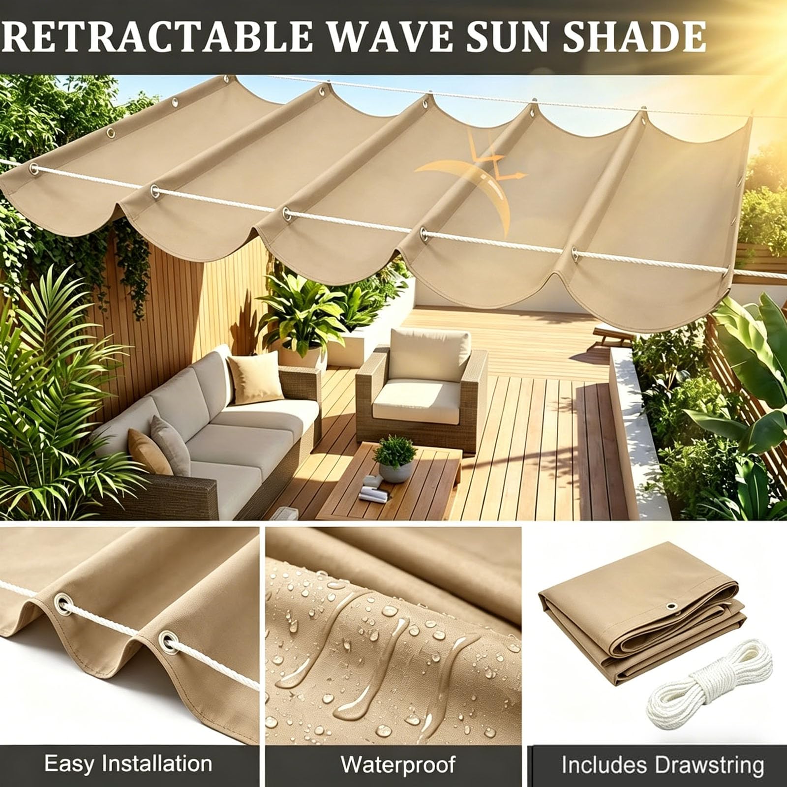 Einziehbares Welle Sonnensegel 200 x 400 cm Nach Maß Pergola Markise Verstellbar Schattenabdeckung 95% Uv-Schutz & Reißfest Nach Maß Pergola Markise für Outdoor Balkon, Khaki