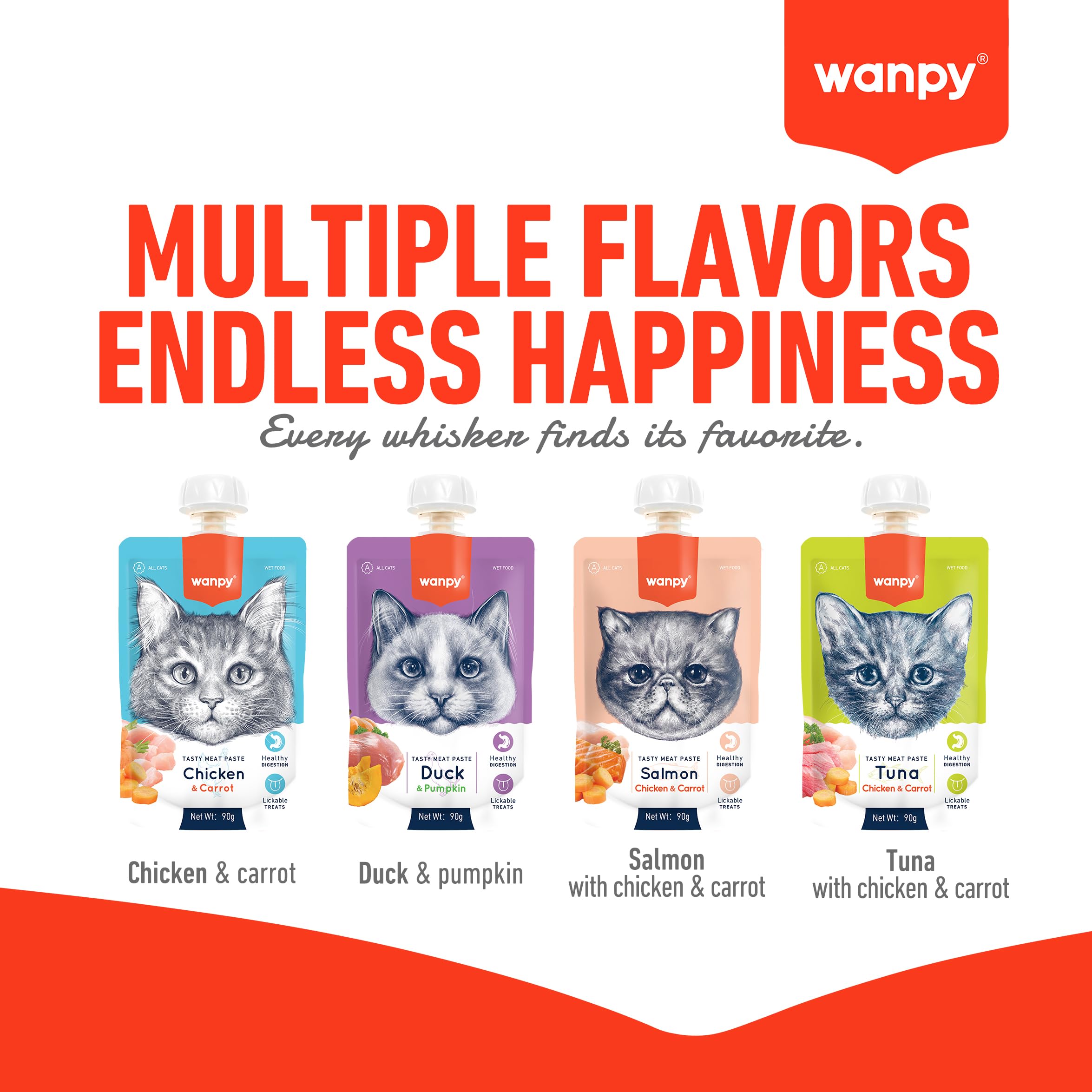 WANPY Premium Lickable Creamy Meat Paste Cat Treats with Chicken & Carrot Flavours, 90 Gm, (Pack of 4),All Life Stages 4