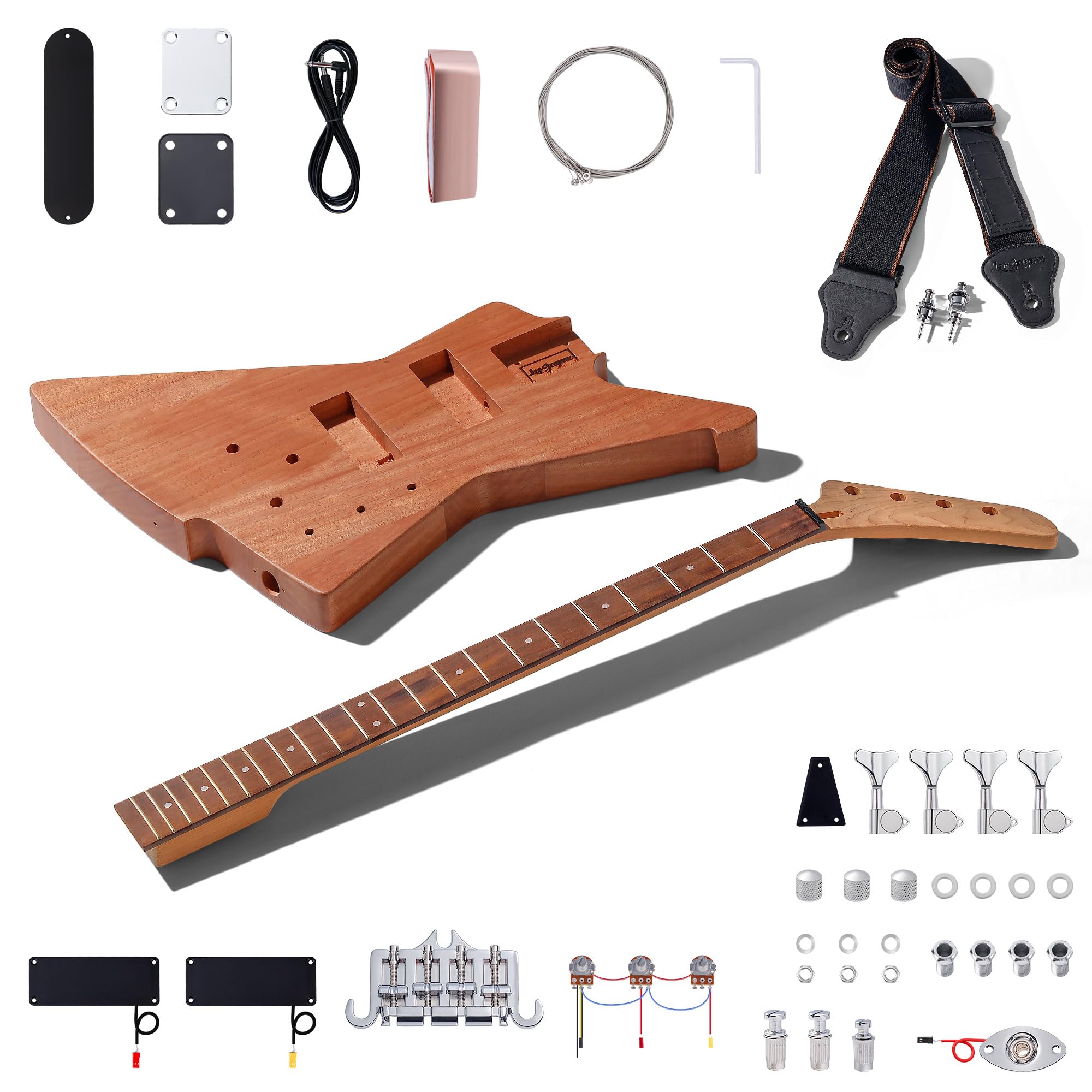Leo Jaymz DIY Electric Bass Guitar Kits - Mahogany Body, Roasted Maple Neck and Rosewood Fingerboard - Fully Components Included
