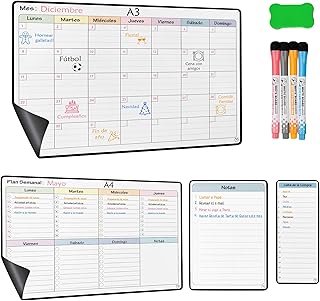 Pack Calendário Magnético para Frigorífico que inclui Planificador Mensal A3 + Organizador Semanal A4 + Notas A5 + Lista de Compra 8x20Cm | 4 Marcadores + 1 Borrador de Oferta