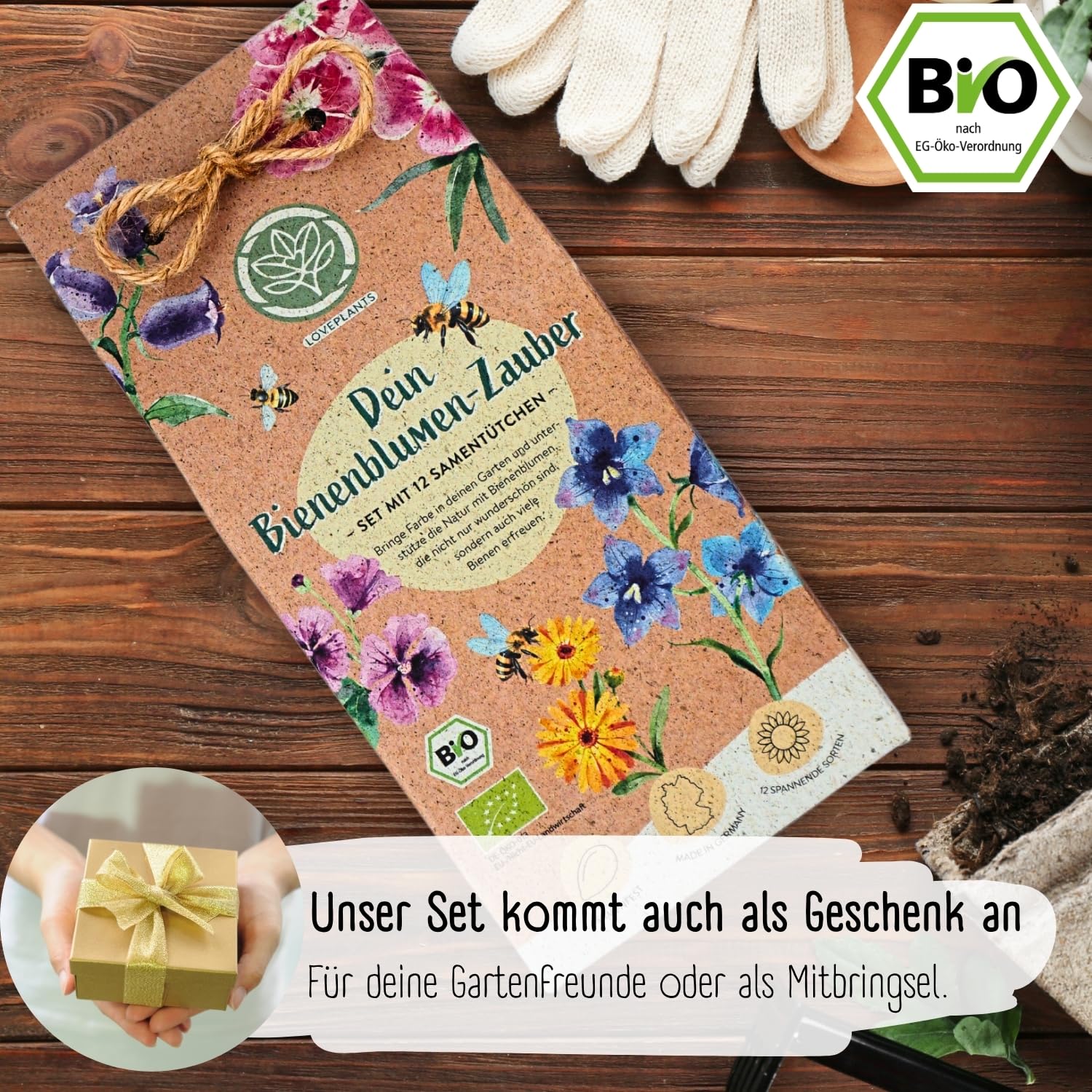 Bio Bienen Blumen Samen Set – 12 Sorten samenfeste Bio Blumensamen – mit extra viel Blumen Saatgut für deine Bienen. Schönes Pflanzensamen Set mit Wildblumensamen als Gastgeschenk.