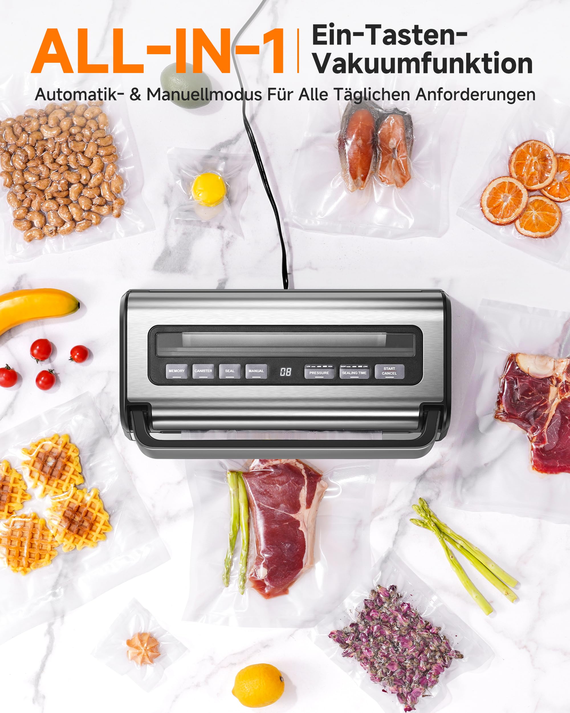 Vakuumiergerät 95 kPa 9-in-1 Lebensmittel-Vakuumierer mit einstellbarem Zeit- & Druckmodus, Doppelter Versiegelung
