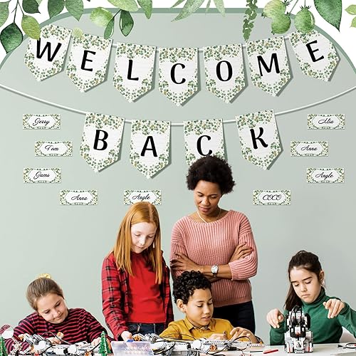 Miniatura 6 de Mixweer Juego de 81 tableros de anuncios de bienvenida de bienvenida, decoración de eucalipto, bordes de aula para tablón de anuncios, acentos de