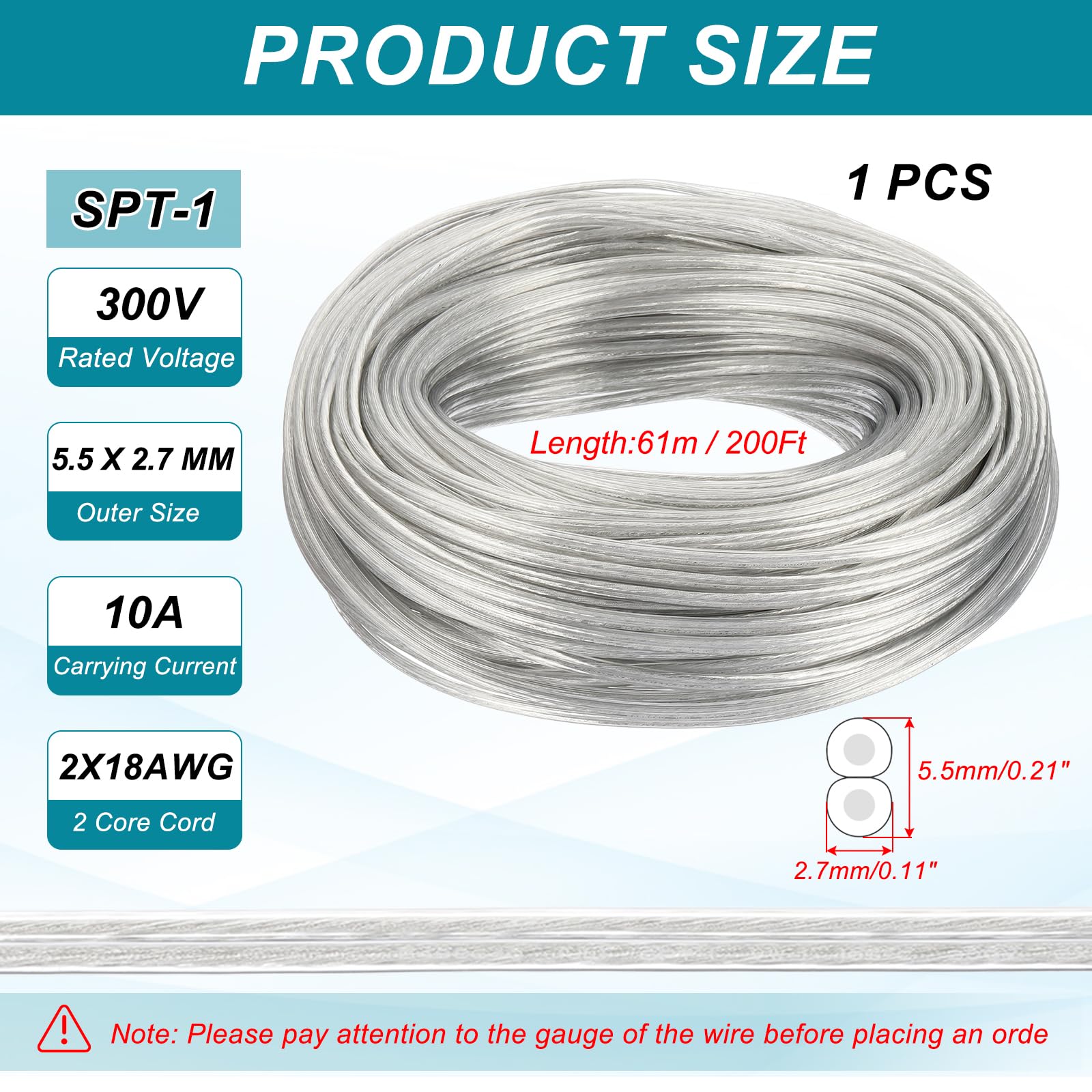 PATIKIL 200ft 18/2 Cavo Rivestito in PVC, Cavo Flessibile Elettrico Isolato per Lampada SPT-1 a 300V Resistente al Calore per Lampada LED Altoparlante, Trasparente, Certificato UL