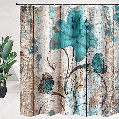 Miniatura 3 de Cortina de ducha rústica floral con girasol, juego de cortina de ducha con diseño de mariposa azul primavera, cortina de baño de granja, tablones de