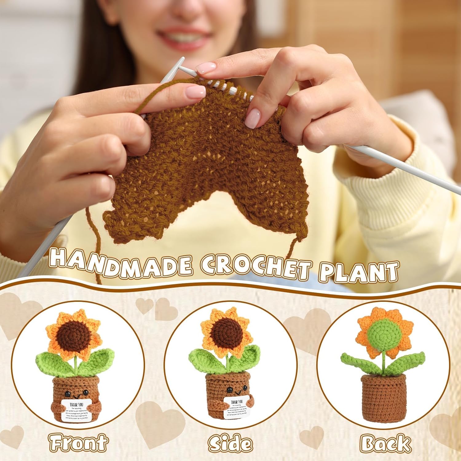 Thank You Gift Positive Crochet Flower Heart Plant Emotional Support Christmas Sunflower Inspirational Handmade Knitted Doll with Appreciation Card Motivational Present for Teacher Thanksgiving Home - Image 4