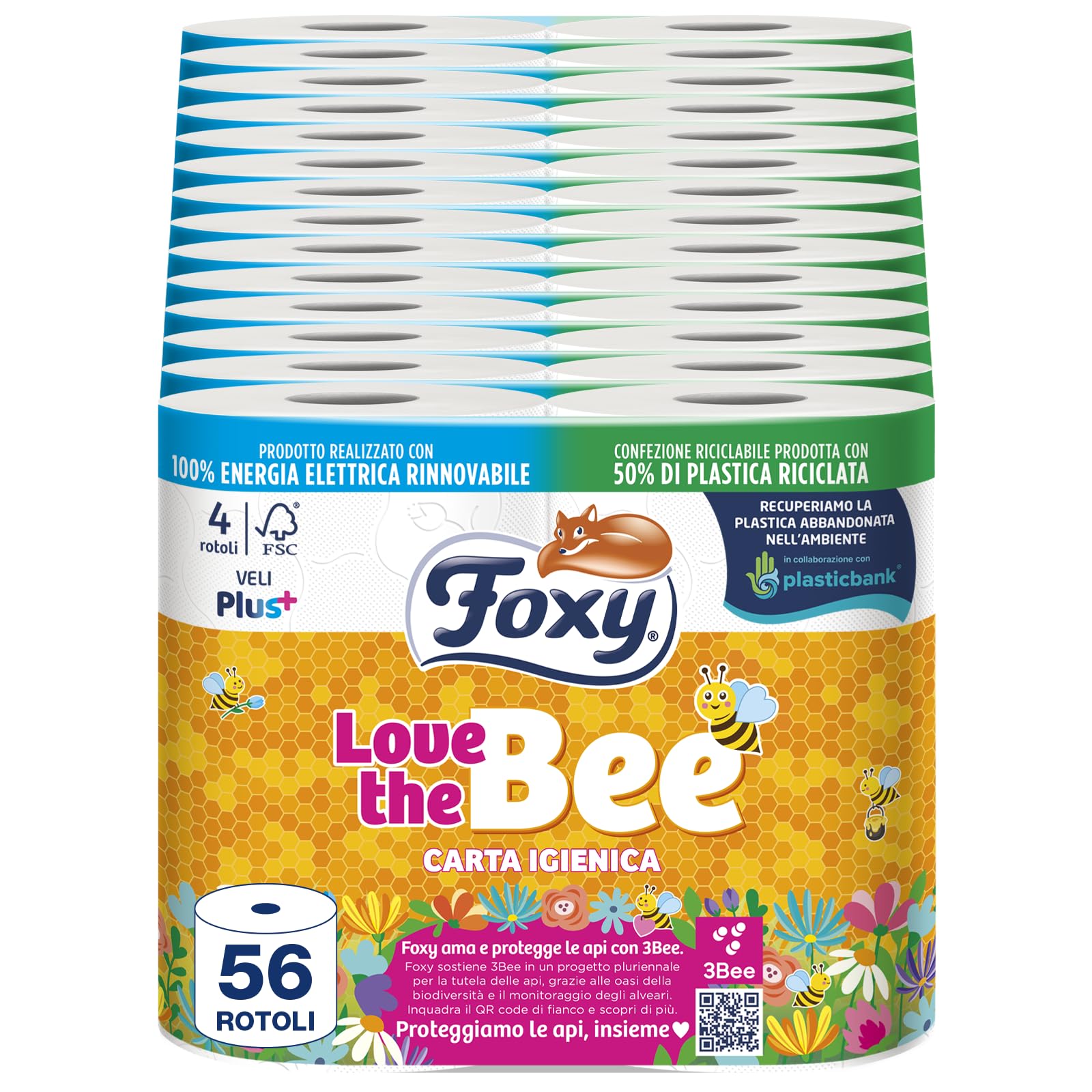 Foxy Love the Bee | Carta igienica 56 rotoli da 225 strappi | 2 veli elevato spessore | FSC |100% Energia elettrica rinnovabile| Confezione riciclabile prodotta con plastica riciclata, 1 item