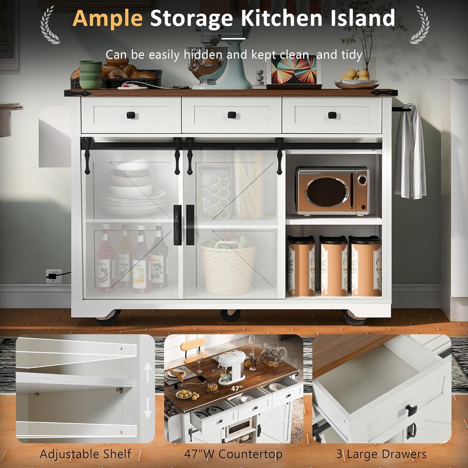 53.7" Rolling Kitchen Cart, White Farmhouse Kitchen Island With Power Outlet, Sliding Barn Doors, Multi-functional Storage Island Table With Drop Leaf, Spice Rack And Drawer For Kitchen, Dining