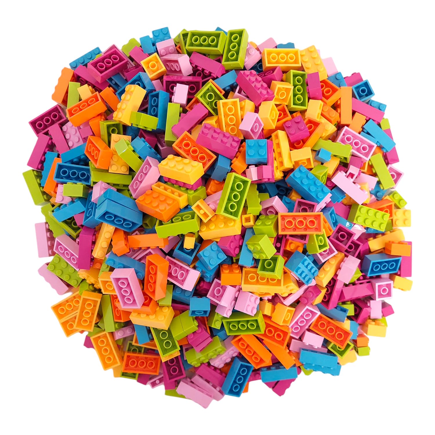 Q-Bricks Maxi-Koffer Floral-Mix mit 750Stck. Bausteinen in den Farben: Grasgrün, Hellblau, Melonengelb, Hellrosa, Magenta und Hellorange in den Formaten: 2X4, 1X4, 2X2, 1X2 und 1X1 Noppen