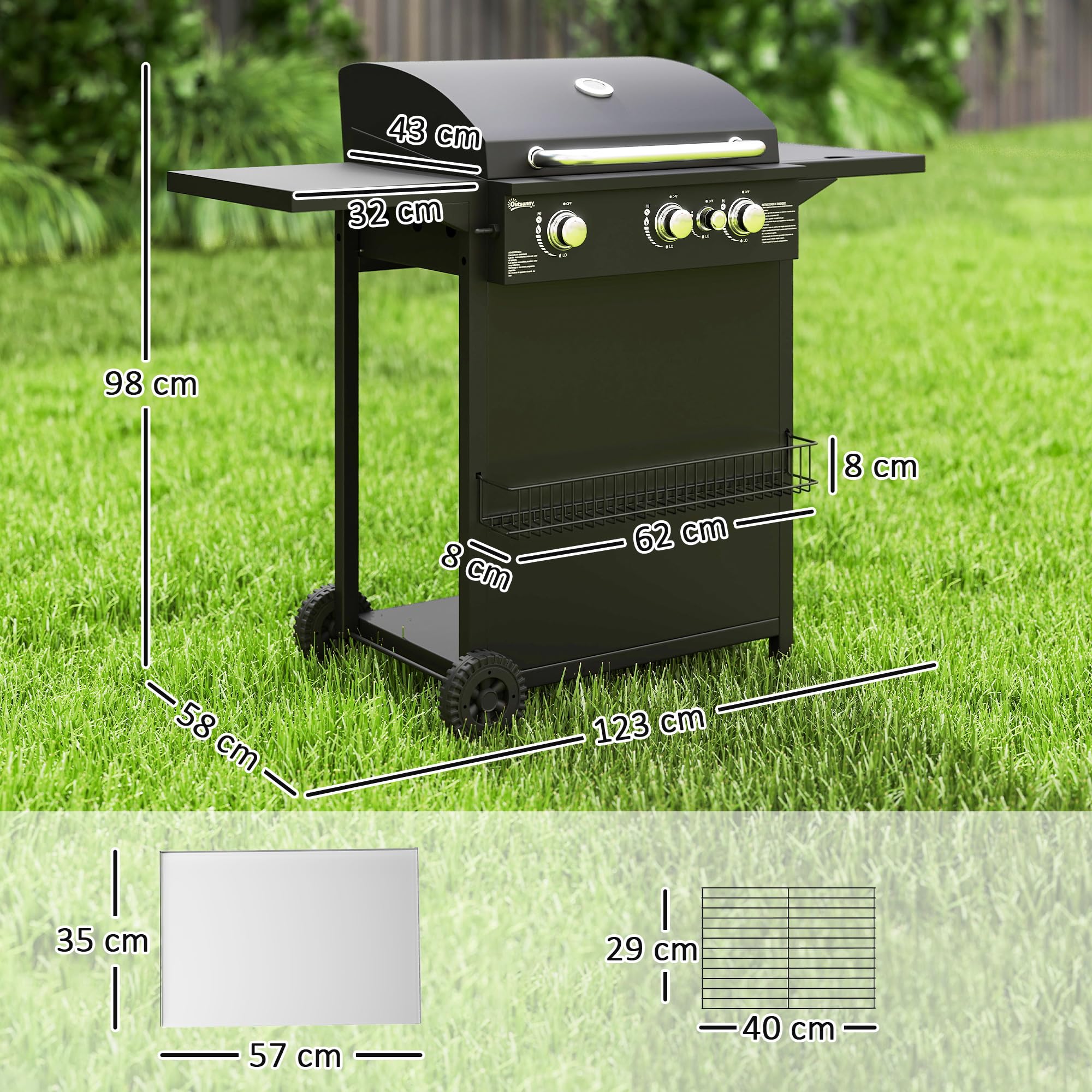 Outsunny Barbecue gaz 3+1 brûleurs en acier, puissance 9,5 kW, barbecue de jardin 2 grilles en chromé, étagères latérales, 2 roues, thermomètre, couvercle, pour camping et terrasse, noir