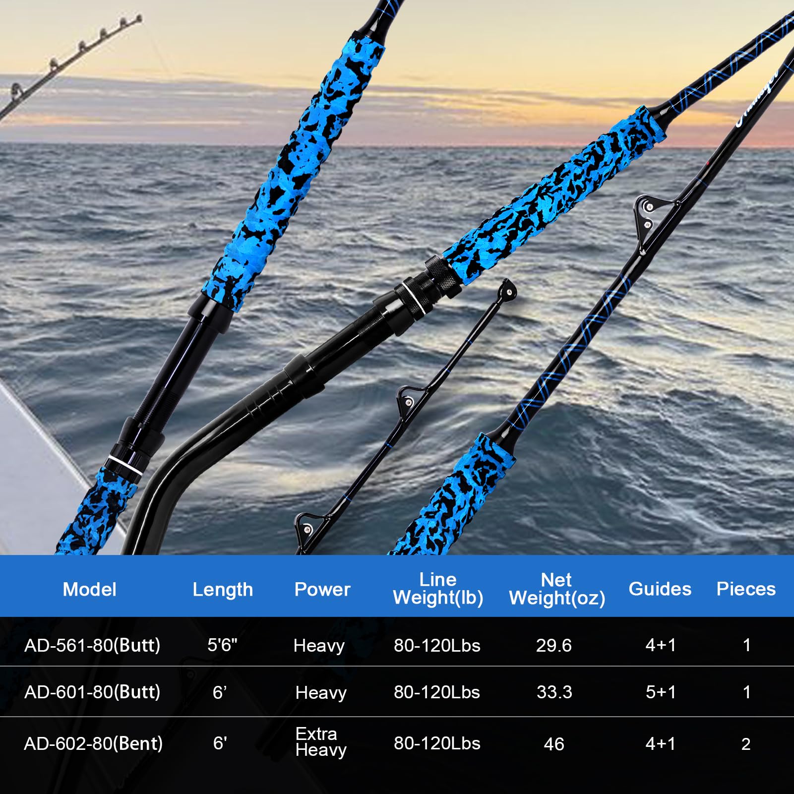 Fiblink Saltwater Offshore Trolling Rod Big Game Rod Conventional Boat Fishing Pole Deep Drop Sea Roller Rod (5'6”, 6') (Bent Butt, 6'