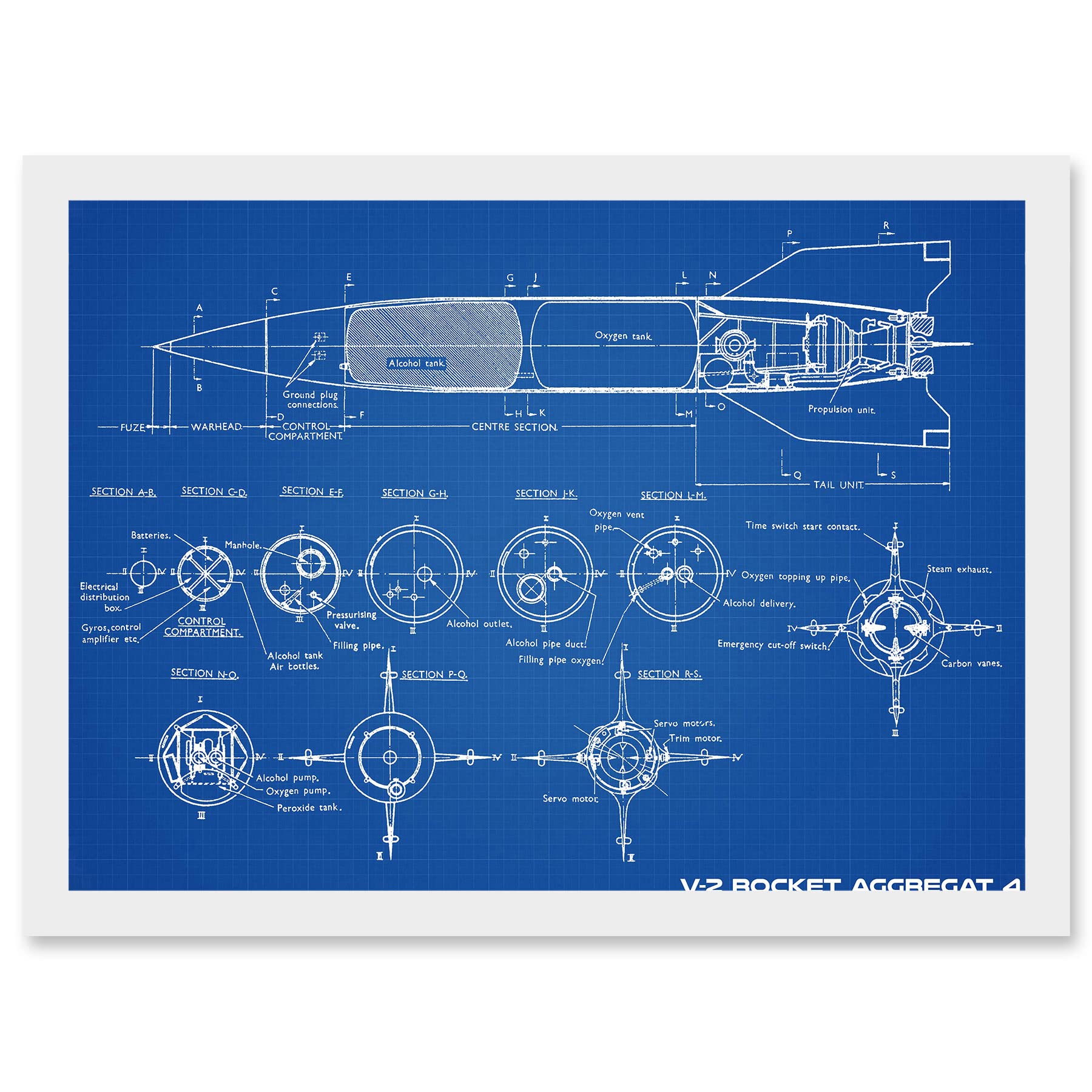 Artery8 Military V-2 Rocket Aggregat 4 Ballistic Missile Blueprint Plan Artwork Framed Wall Art Print A4