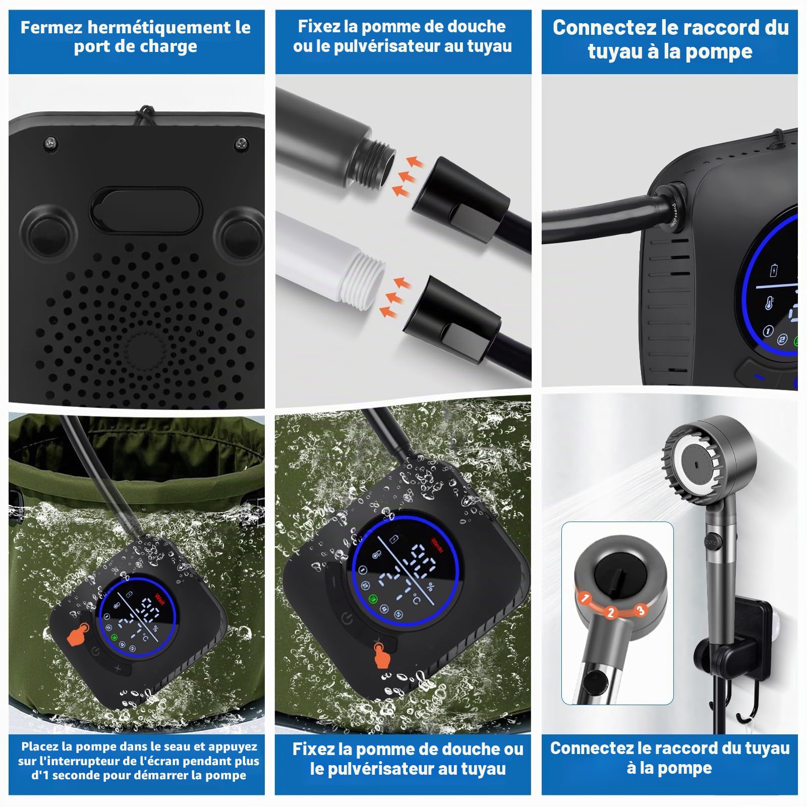 Charmofun Kit Douche de Camping, 8000 mAh Pompe de Douche Électrique Rechargeable, Camping Douche Portable avec Pommeau de Douche Filtrant et Afficheur Intelligent pour Randonnée (8000mAh-B)