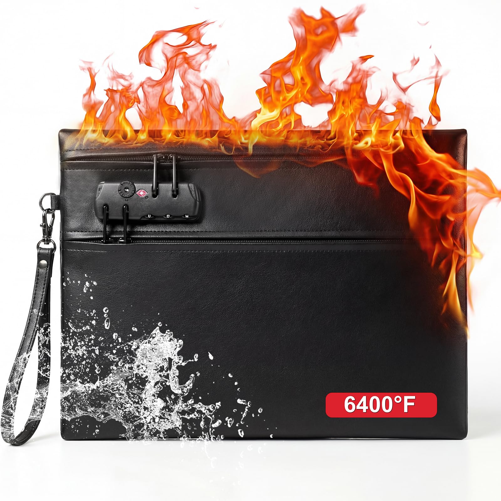Borsa per Documenti Ignifuga Impermeabile 6400°F con Serratura 12 Strati Valigetta Portatile Anti Fuoco Nero 36x26cm