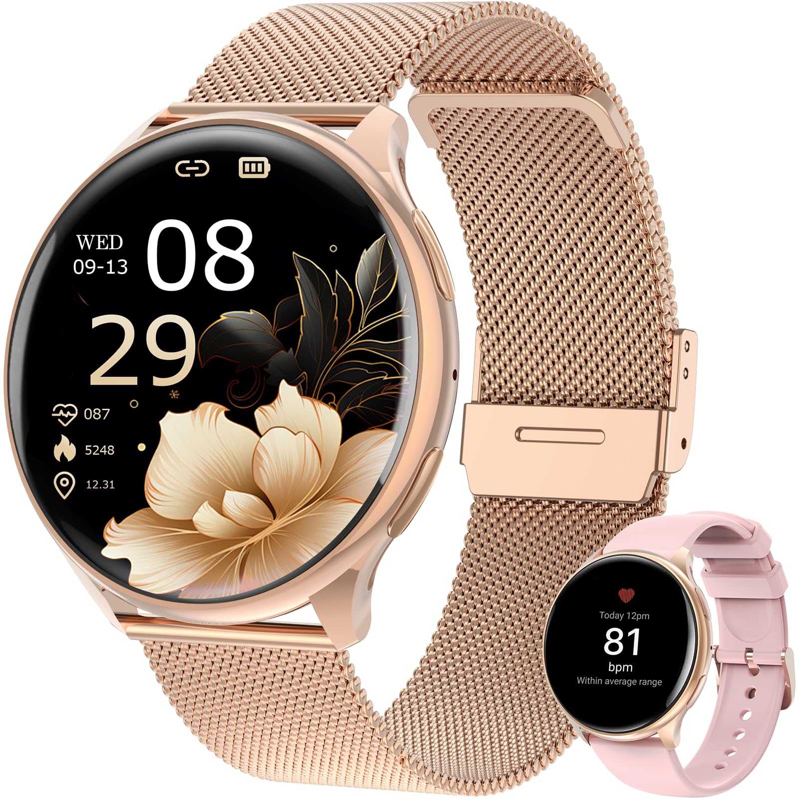 Reloj Inteligente Mujer, 1,39" SmartWatch Mujer Redondo SpO2, 24H Pulsometro, Presión Arterial, Monitor sueño, Monitor de sueño 120 Deportes para iOS Android (Oro Rosa)