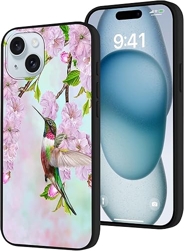 MSEAANBK Funda de colibrí para iPhone 15 de 6.1 pulgadas, diseño de flores de cerezo para iPhone 15, para mujeres, niñas y hombres, TPU suave, a