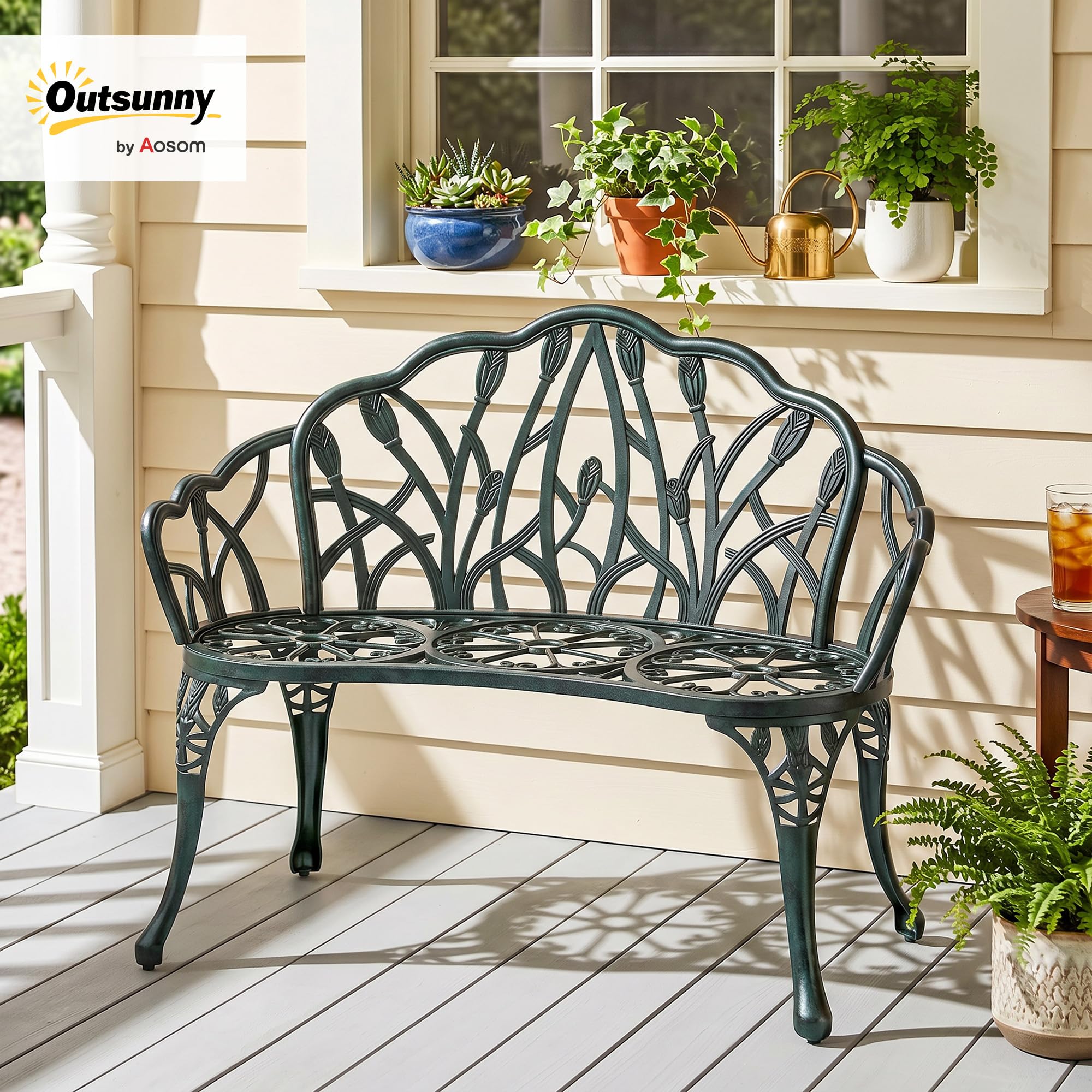Outsunny Banc de Jardin en Aluminium Moulé 99 x 57 x 78 cm Vert Antique