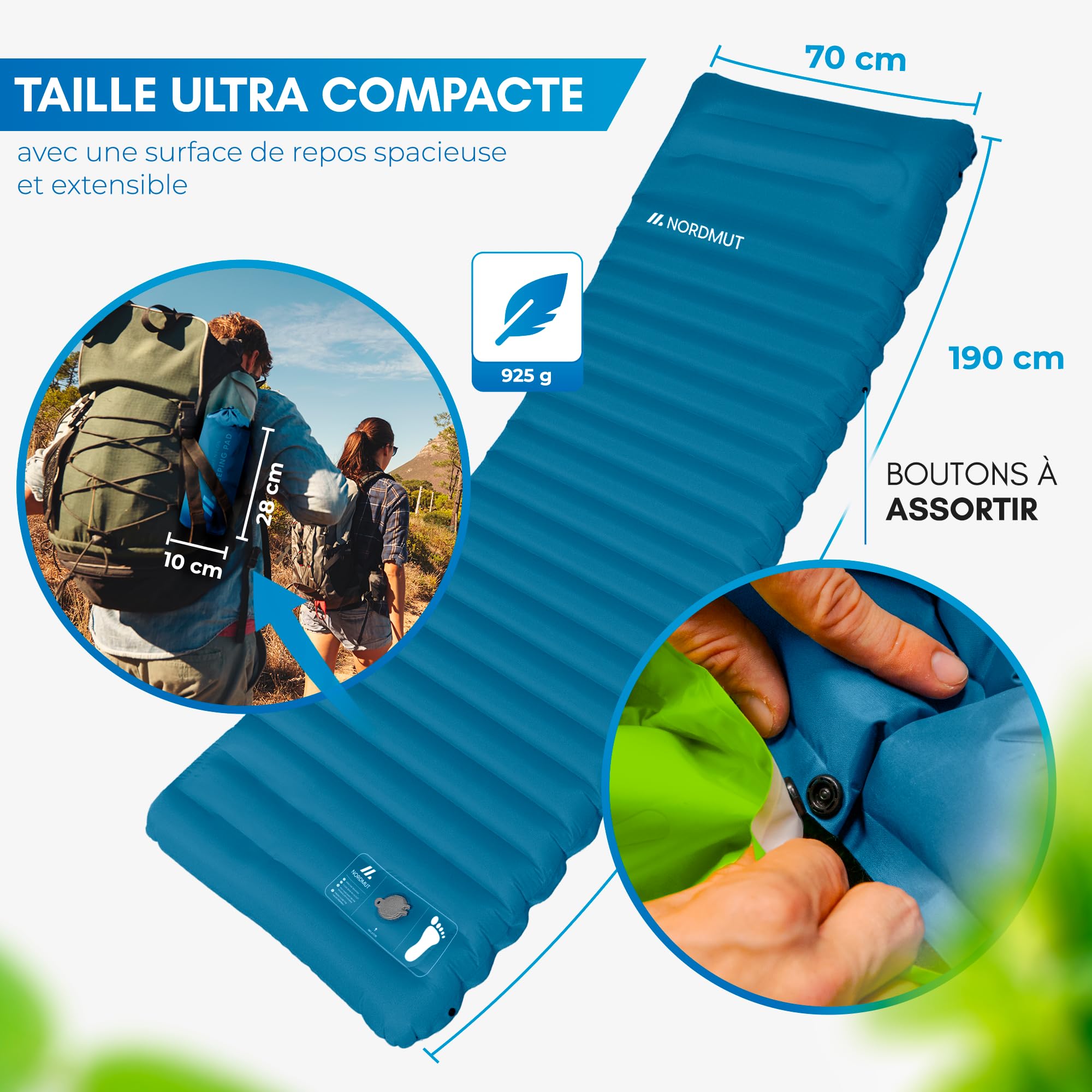 NORDMUT® Matelas autogonflant 1 Personne Confortable – Matelas de Camping 1 Place Compact – Matelas Trekking Ultra-léger Bleu
