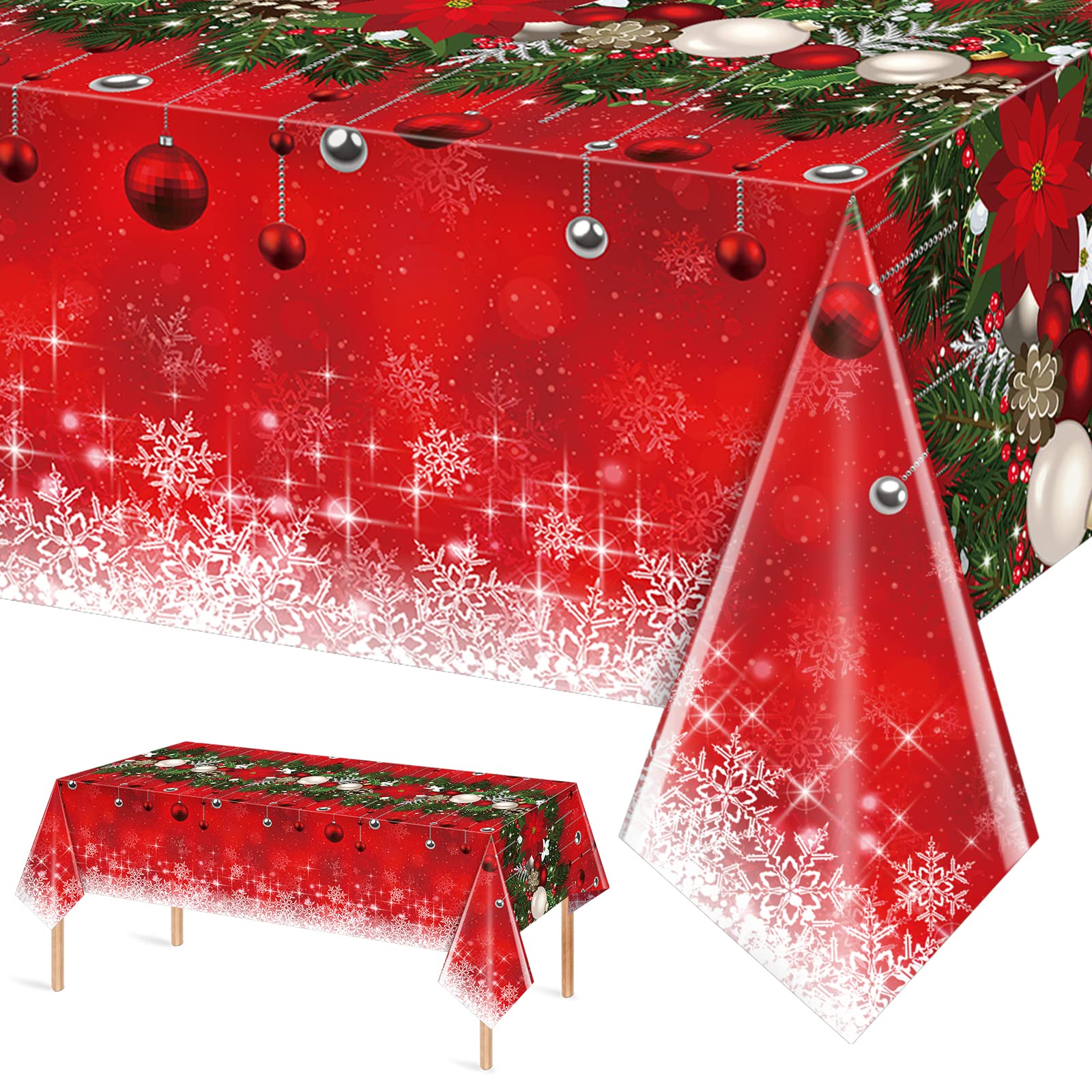 1Pieces Merry Christmas Tablecloth Plastic Christmas Tree Ball Table Cover Rectangle Winter Snowflake Tablecloth for Merry Christmas Holiday New Year Eve Party Decorations Supplies,54x108inch