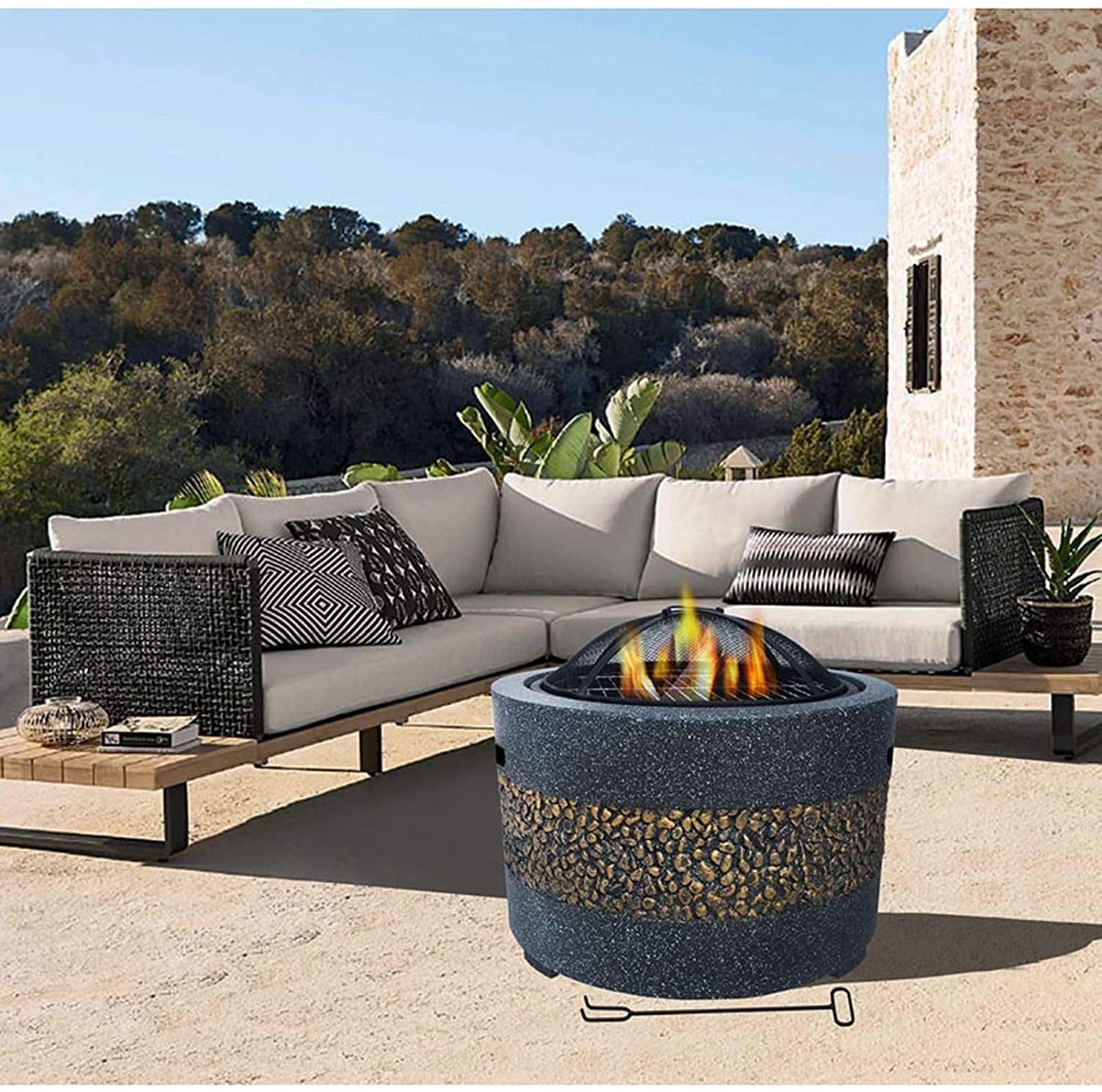 Hoguera de Jardín Patio Trasero Patio Chimenea de Jardín Fuego Redondo de Hormigón Y Leña 3 En 1 Con Parrilla Chimenea de Rejilla para Fogata Barbacoa En La Naturaleza