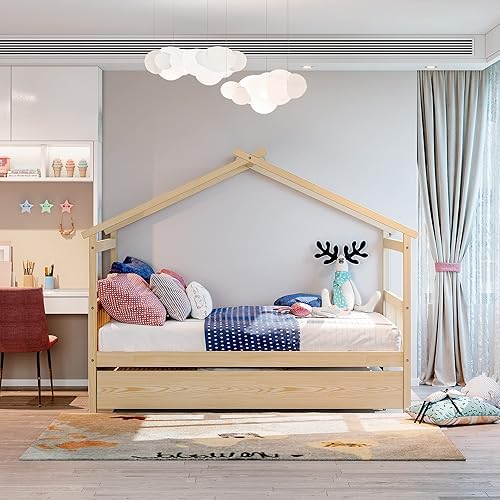 Miniatura 172 de Merax Cama de madera de tamaño individual con dos cajones, marco de cama de madera con techo para niños, adolescentes, niños o niñas, gris