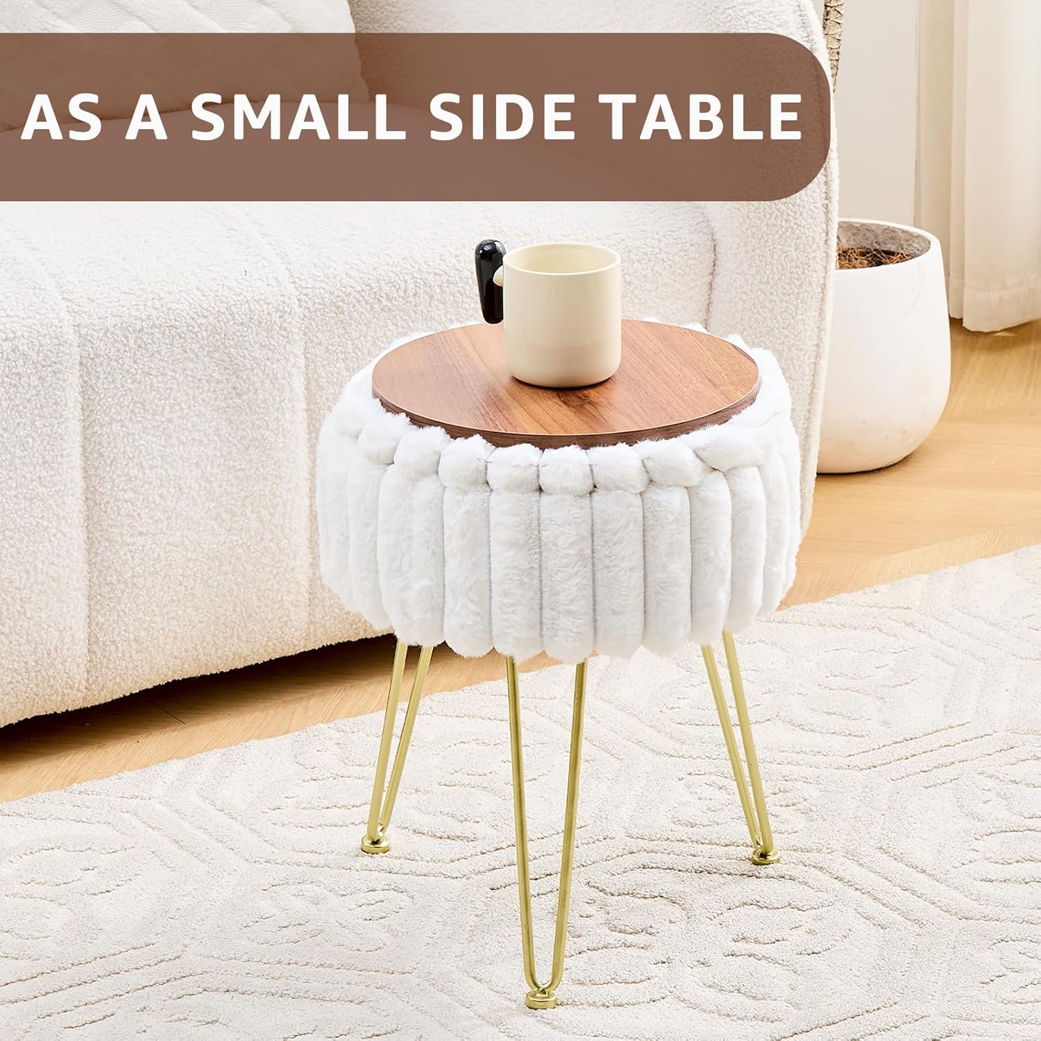 Wimarsbon Vanity Stool with Storage, Faux Fur Ottoman Chair with Metal Legs, Round Makeup Vanity Chair for Bedroom or Dressing Table, Modern Small Ottoman Seat (White) - Image 5