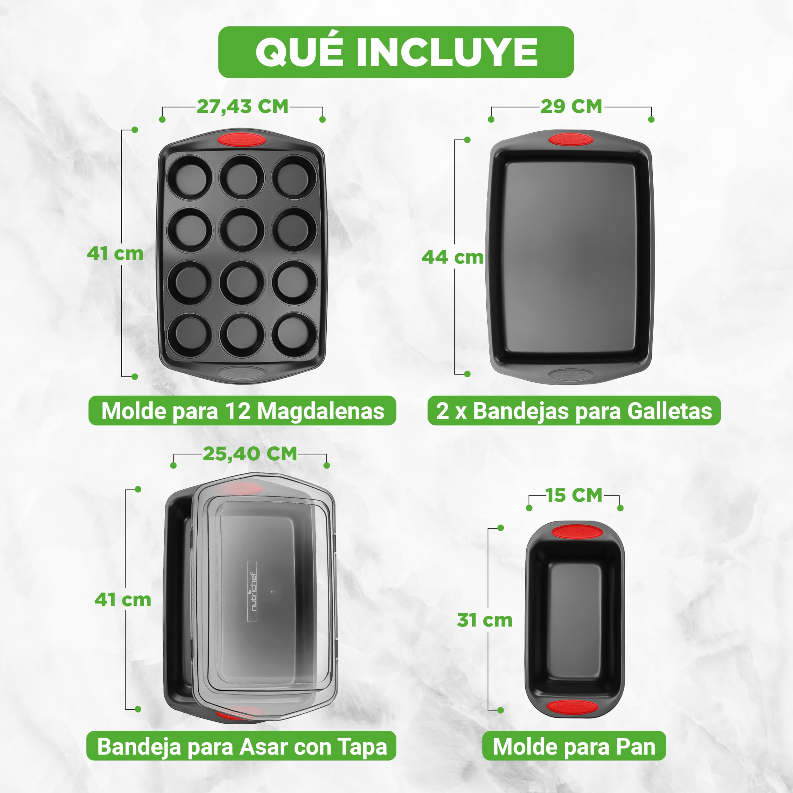 Nutrichef bandejas horno, Moldes, Antiadherentes, Libres de PFOA, PFOS y PTFE, Set profesional para cocina en casa, Apilables, Asas de silicona