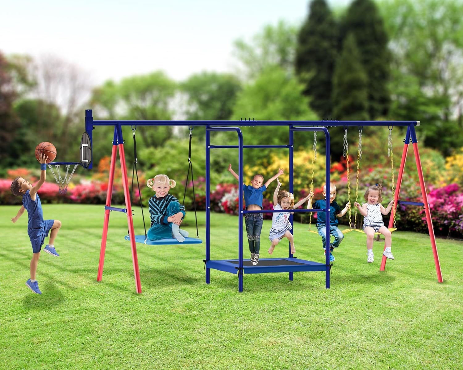 Swing Sets for Backyard, 5-in-1 Toddler Swing Set Outdoor for Backyard for Kids 3-12, Heavy Duty Extra Large Kids Metal Swing Set with 3 Swings Trampoline Basketball Hoop