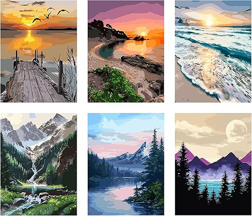 CHWGLFGG Paquete de 6 pinturas de paisaje por números para adultos, niños y principiantes, kits de pintura por números para adultos sobre lienzo con