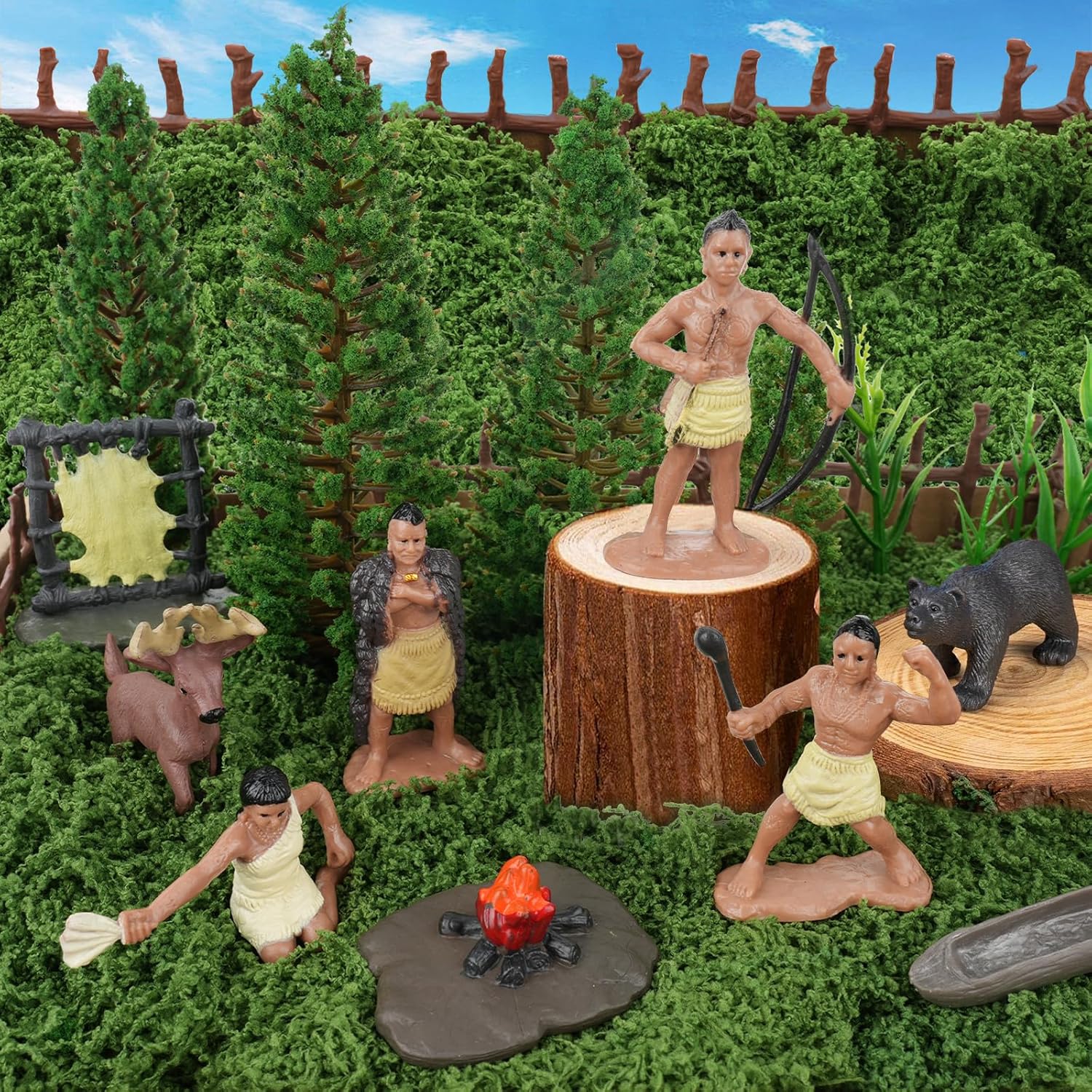 Draupnir 52 Pcs Native American Figurines Set Indian Figures for Project Includes Indian Figurines Trees Moss Sand Stones Fences Corn Seedlings Project Supplies DIY Crafts