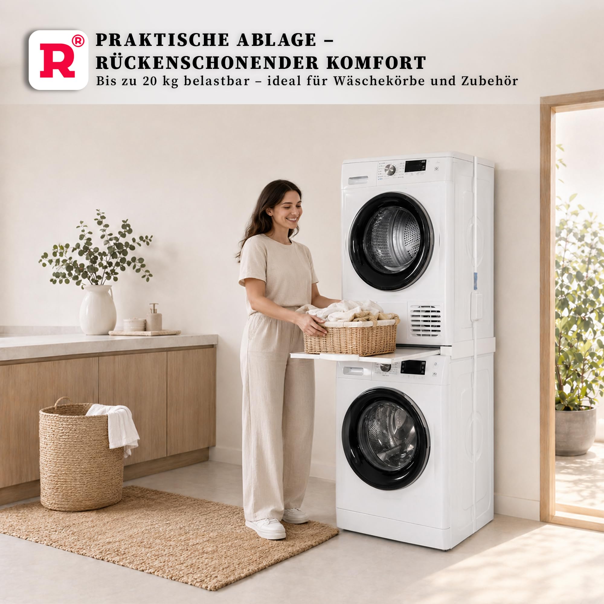ROLLER Kappatos Premium Verbindungsrahmen mit Schublade, 250 kg Aluminium | Zwischenbaurahmen Waschmaschine Trockner, 60x60 cm, Stapelrahmen mit Ablage, Made in EU