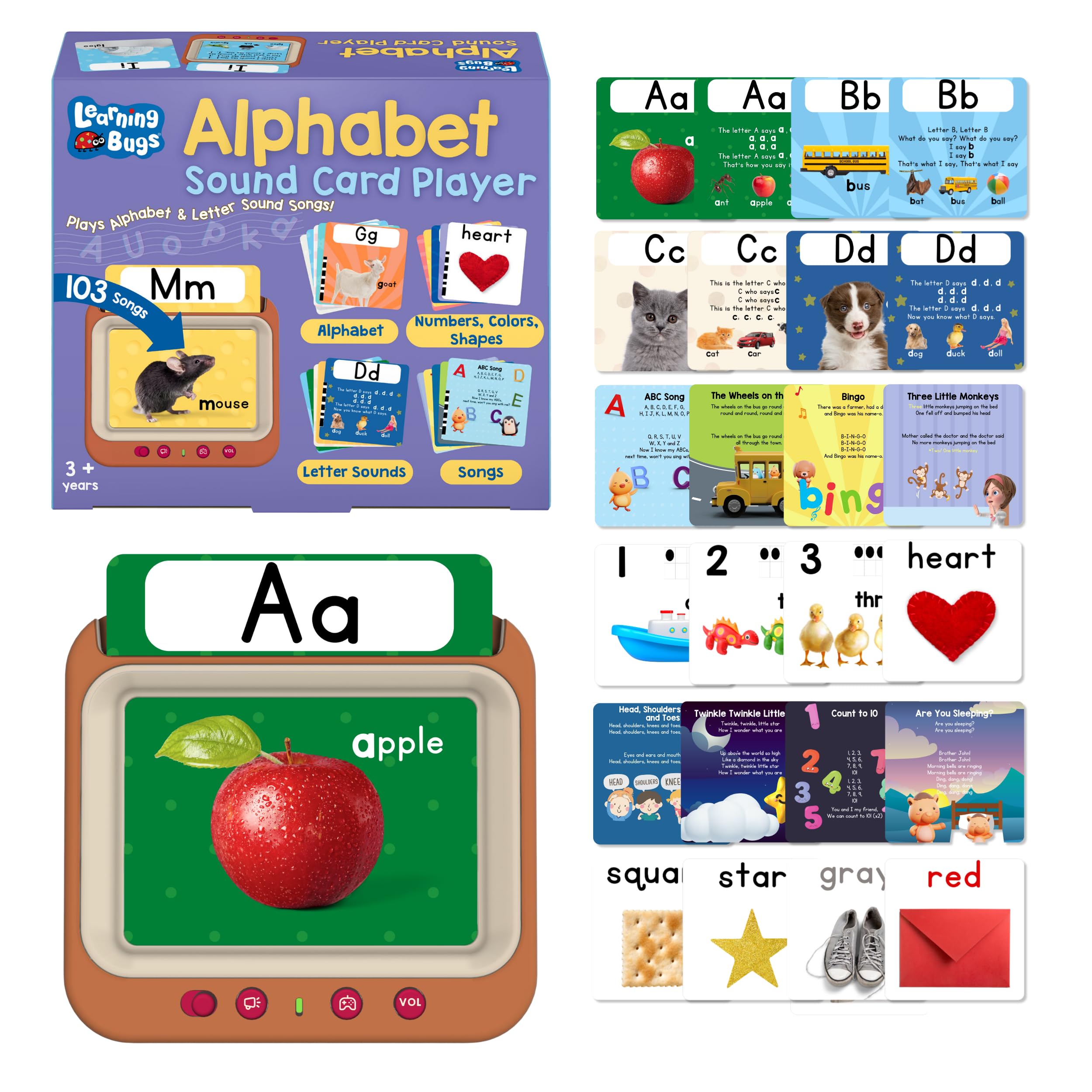 LEARNING BUGS Interactive Learning Card Player for Toddlers – 126 Sounds, Alphabet & Phonics Songs, Nursery Rhymes, Numbers, Colors & Shapes – Musical Educational Toy for Kids Ages 3+