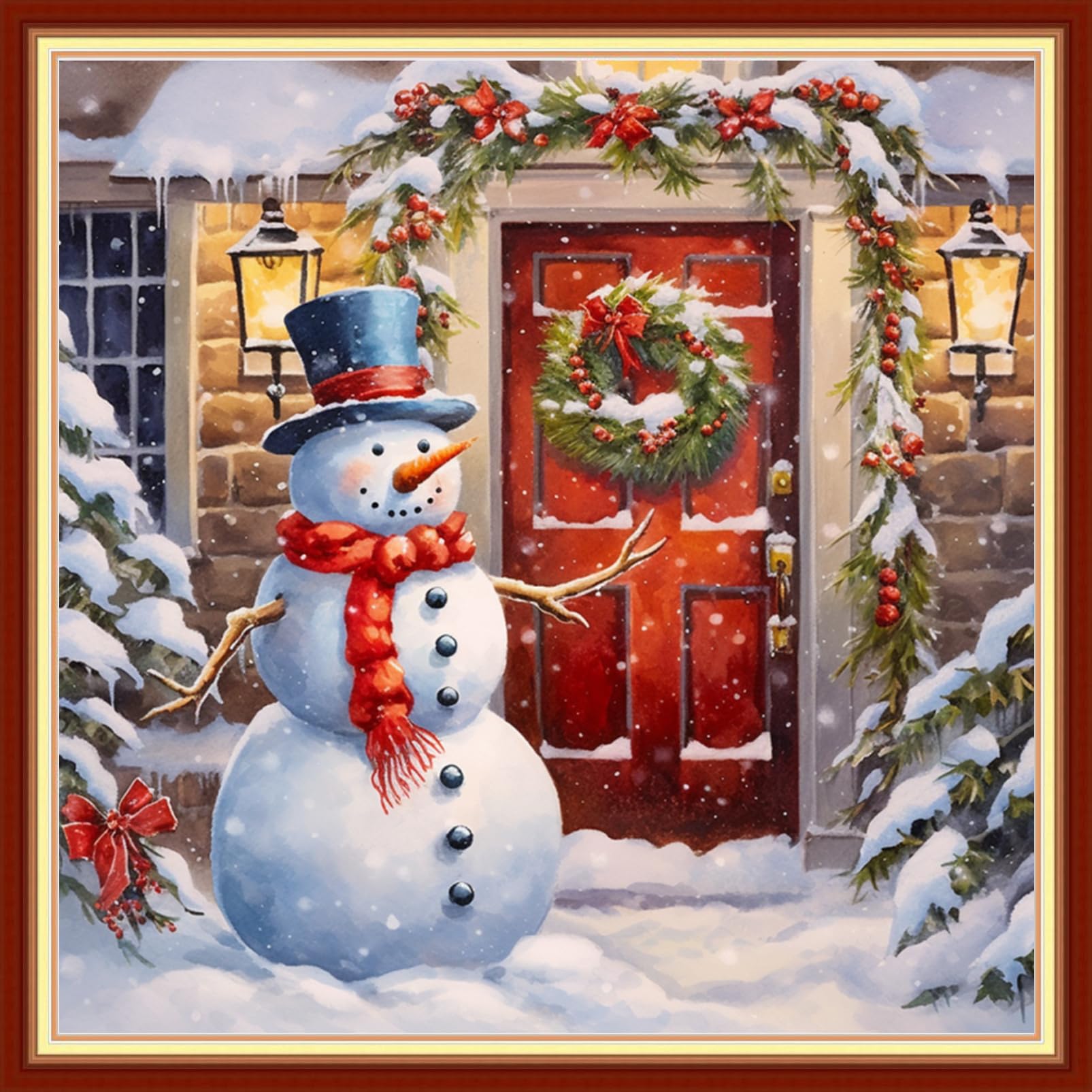 Joyhoor Cross Stitch Kit for Beginners, Pre-Printed Christmas Snowman Design, 18x18 Inch, Unisex, All Ages, Non-Foldable