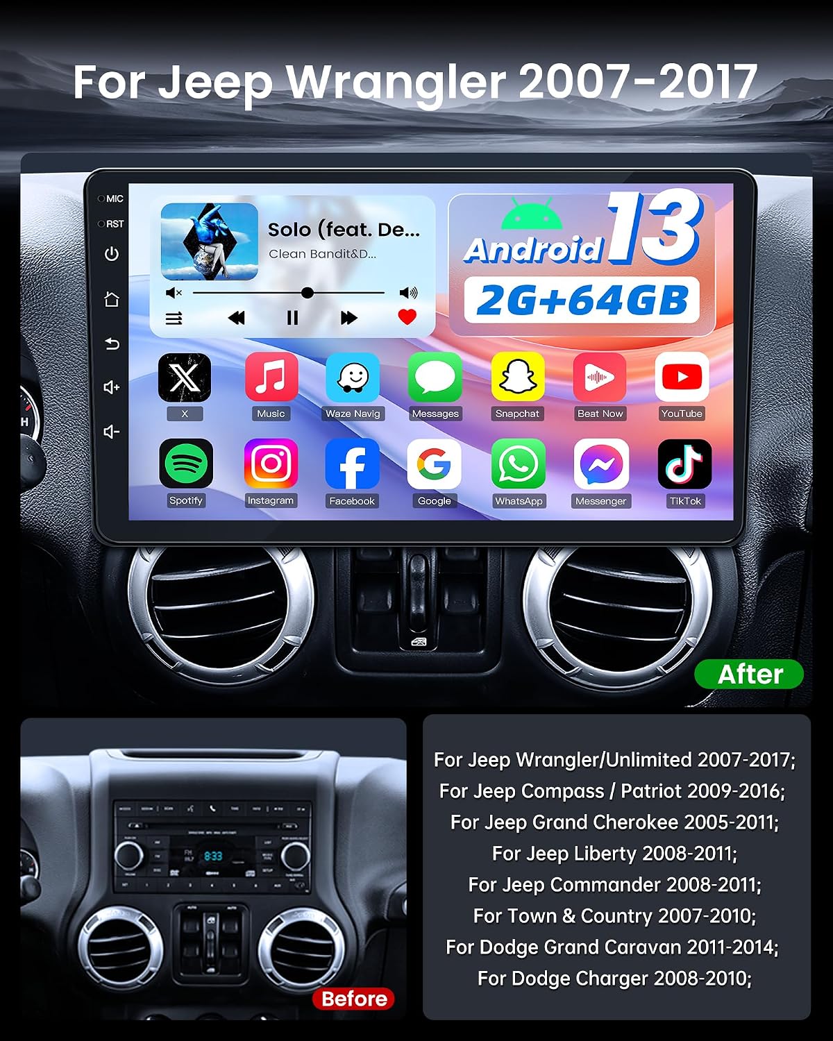 Before and after image of the car dashboard, showing the original radio replaced by the new 10-inch Fortdows Android car radio stereo.