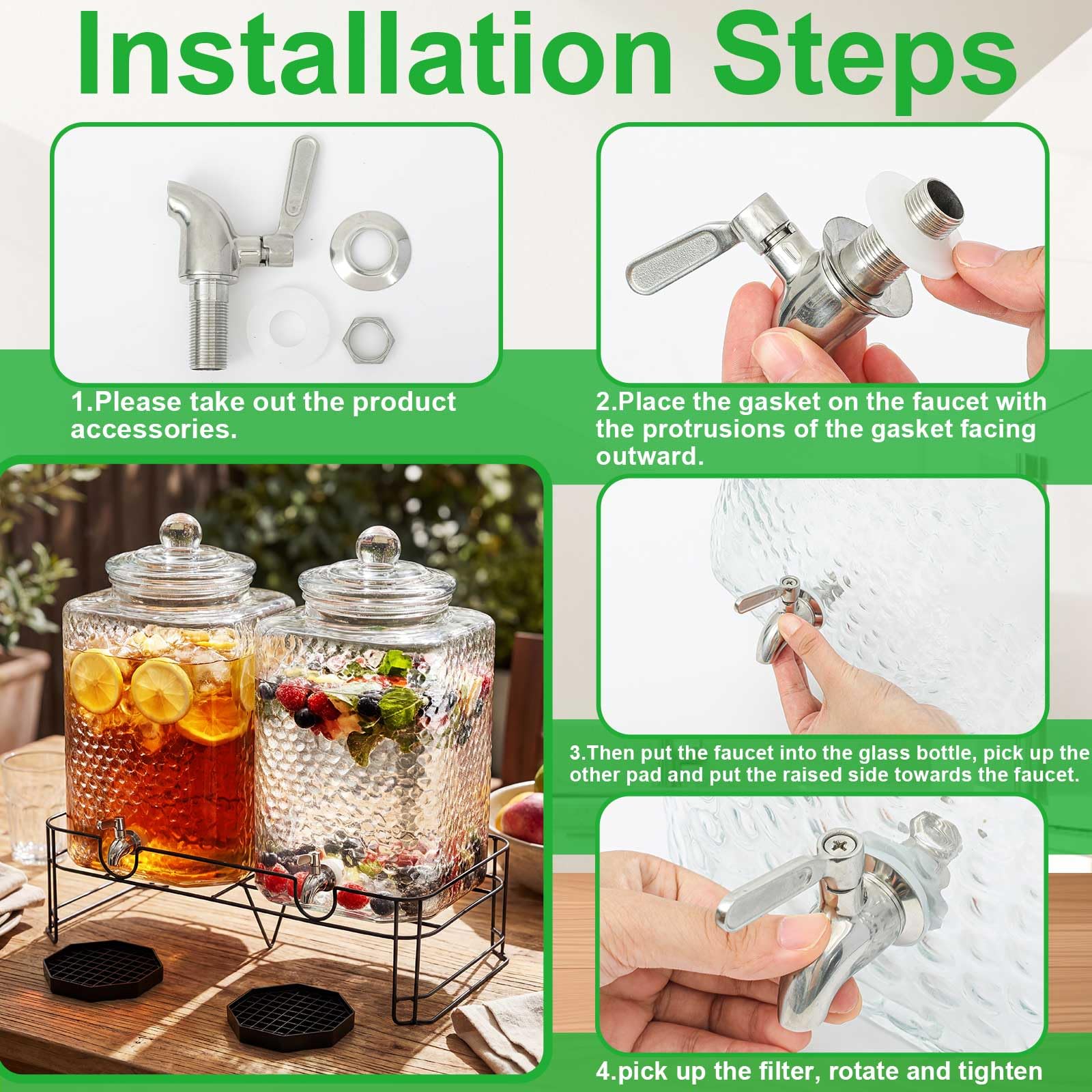 Getränkespender für Partys, gehämmertes Glas, Getränkespender mit Ständer, Edelstahl-Zapfhahn und Tropfschalen, Wasserglas-Krug für Limonade, Saft, Tee und Partygetränke, 2 Stück