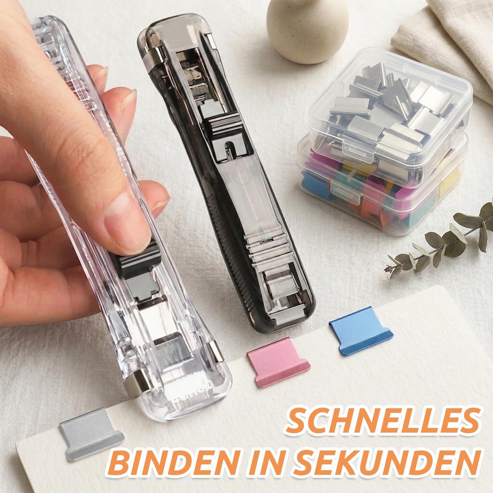 2026 Neue 2 Stück Reusable Creative Stapler,Hefter,Klammerloses Heftgerät,mit 200 Stück Wiederverwendbare Heftklammern, Portable Binder Clip Stapler, Nachfüllbarem Hefter und Klammerspender-Set