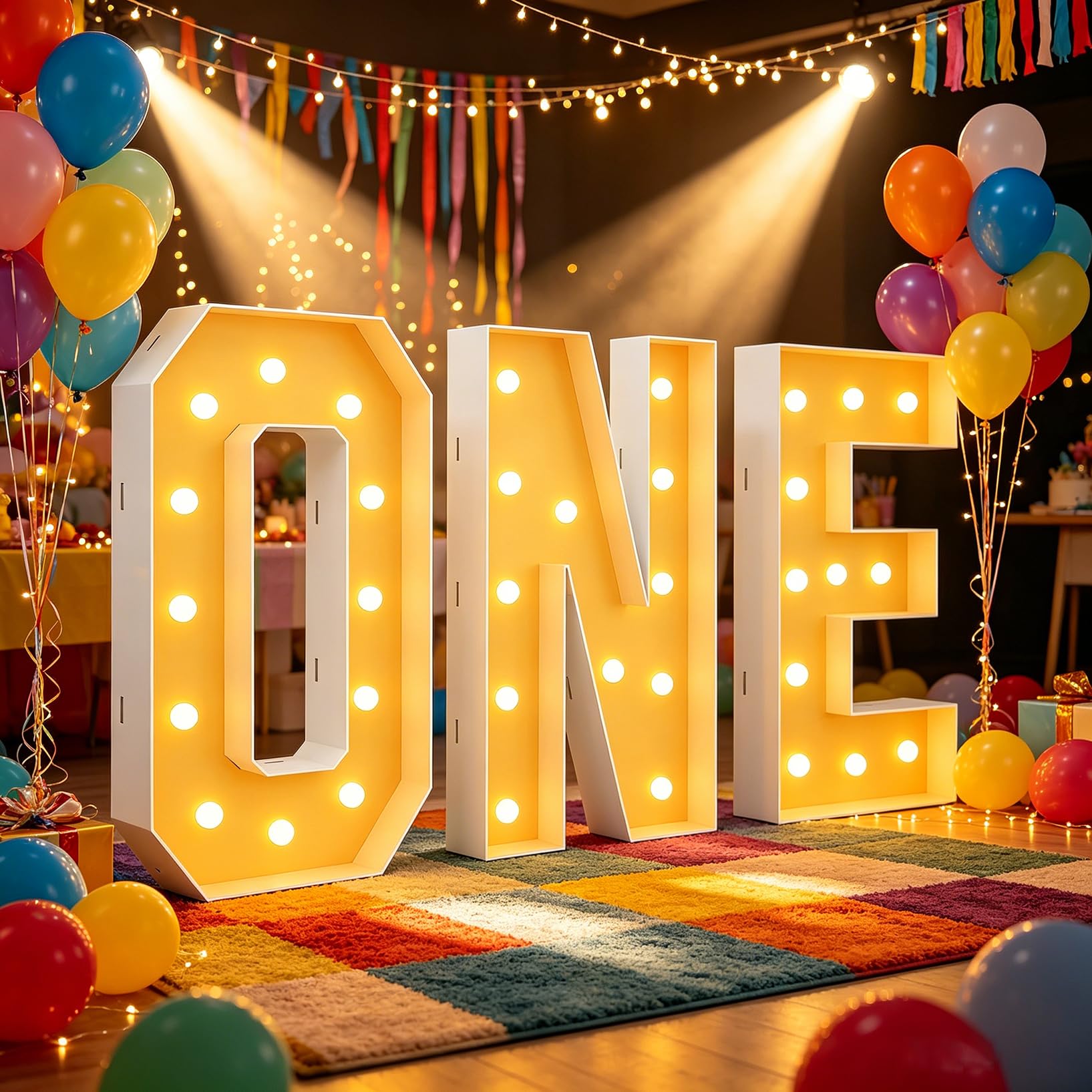 Letters ONE DIY Mosaic Balloon Frame LED Marquee Light Up 2.3FT, Pre-Cut Foam Board Party Backdrop for Birthday Anniversary Graduation, 70cm-2.3ft