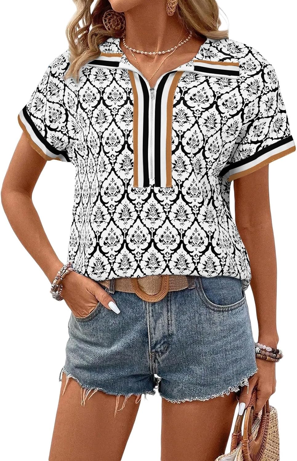 SHEWIN Women Boho Woven Non-Stretch Shirts Summer Half Zip Tops Business Casual 2026