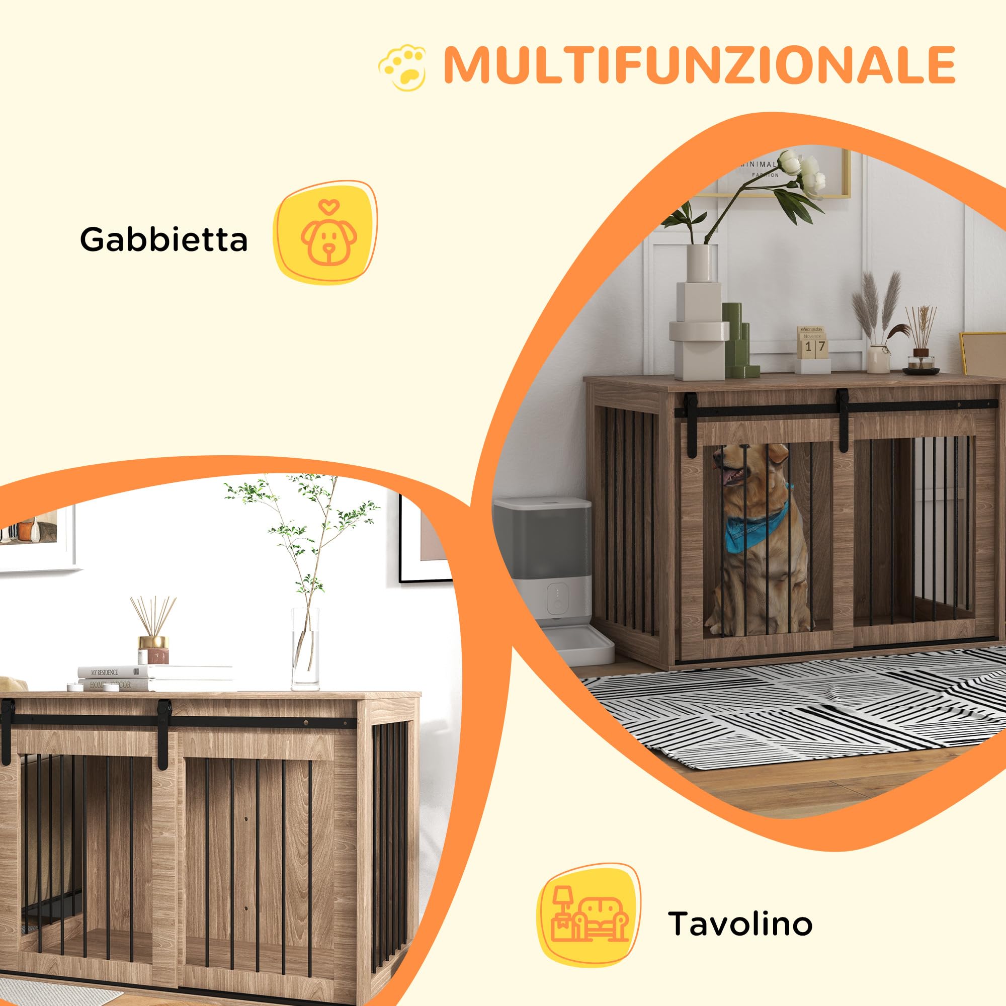 PawHut Casetta per Cani Grandi in Legno per Interno, Kennel per Cani Multiuso con Porta Scorrevole, 98x58x61 cm, Marrone